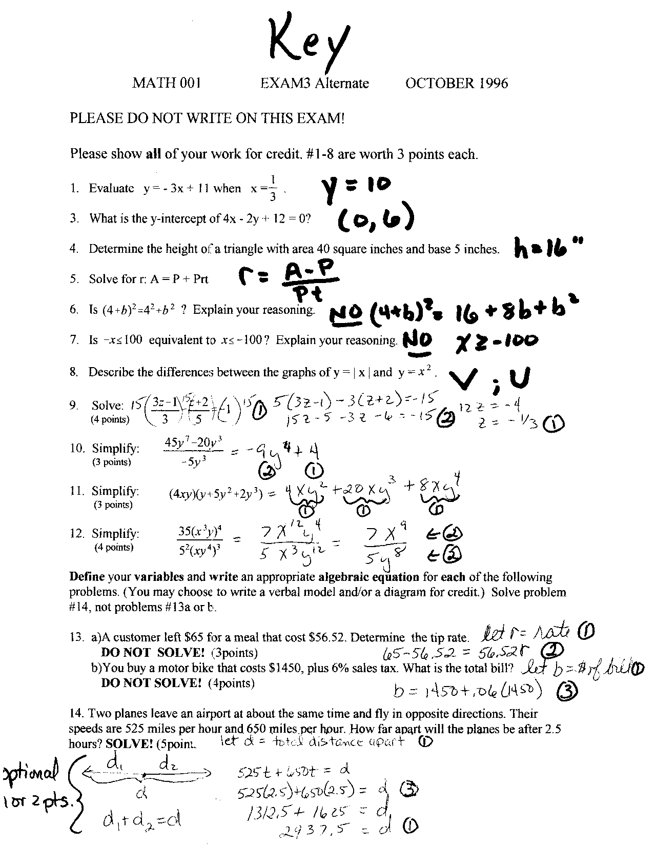 Alternative Math Questions Alternate Exam 3 with Answer Key - Development Mathematics | MATH 003 ...