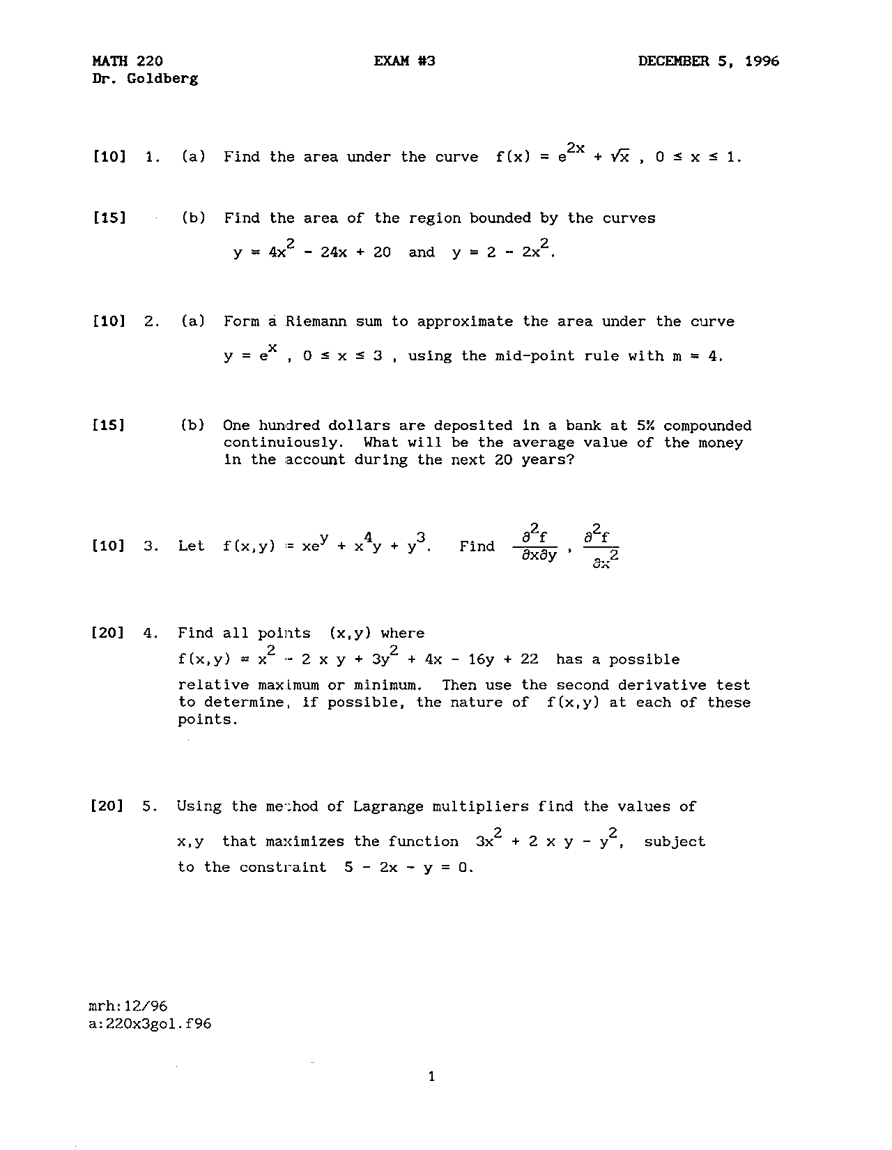 Exam 3 for Elementary Calculus I | MATH 220 - Docsity