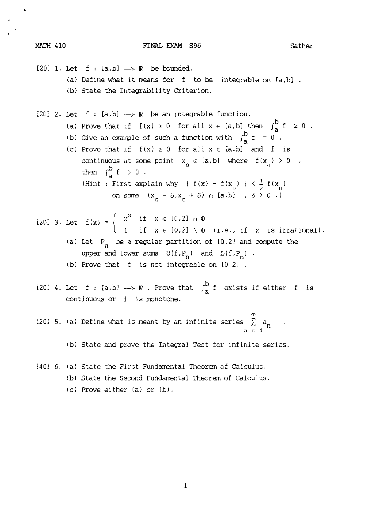 Old Final Exam Paper - Advanced Calculus I | MATH 410 | Exams Advanced ...