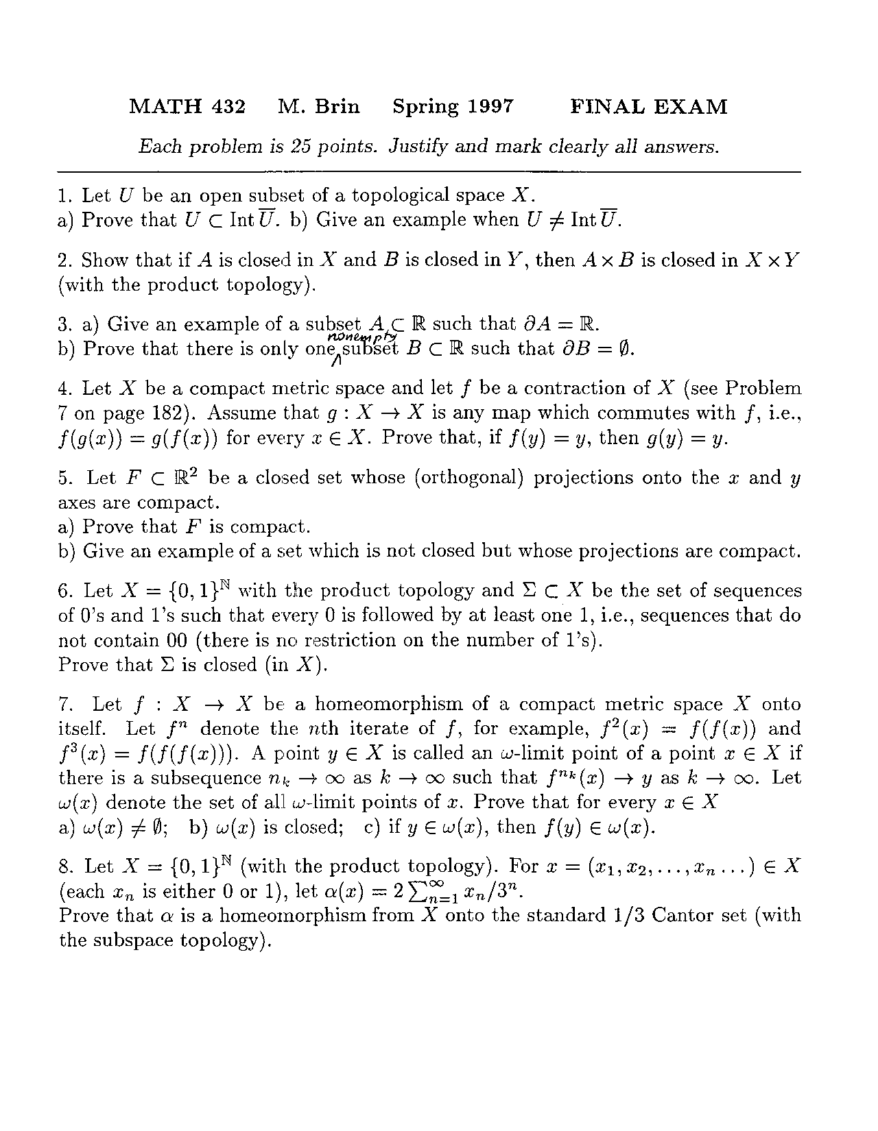 Topology Math Questions 8 Questions on Introduction to Topology - Final Exam | MATH 432 - Docsity