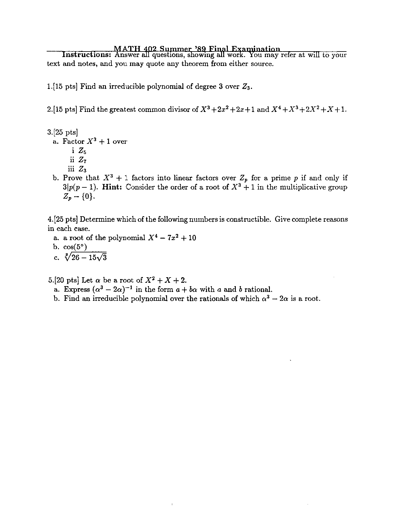Algebraic Structures I Questions 5 Questions on Algebraic Structures for Final Exam | MATH 402 - Docsity