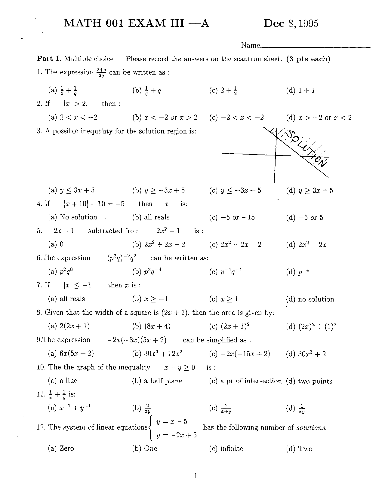 Old Math Tests Old Exam 3A with Answers - Review of High School Algebra | MATH 001 ...