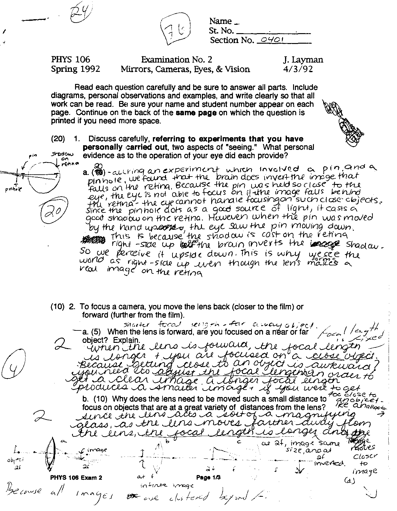 Solved Exam Mirrors, Cameras, Eyes, and Vision PHYS 106 Docsity