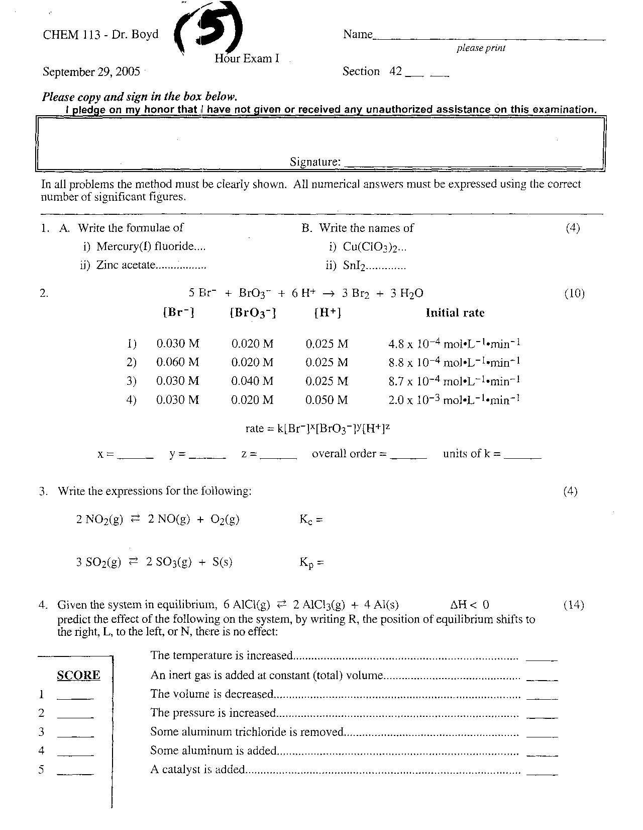 Unsolved Exam 1 - General Chemistry I | CHEM 113 - Docsity