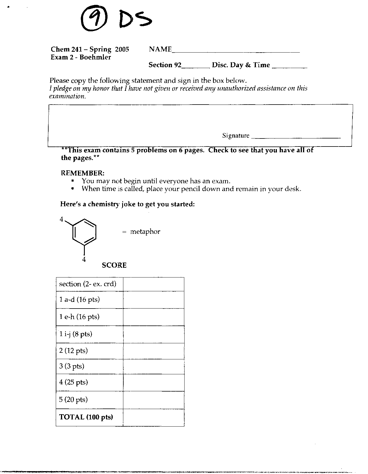 Exam 2 Questions for Organic Chemistry II - Fall 2005 | CHEM 241 - Docsity