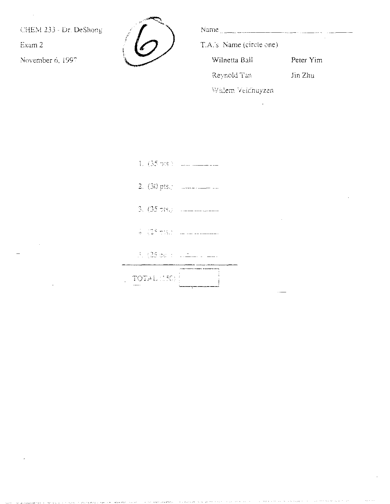 Exam 2 Question Paper - Organic Chemistry I | CHEM 231 - Docsity