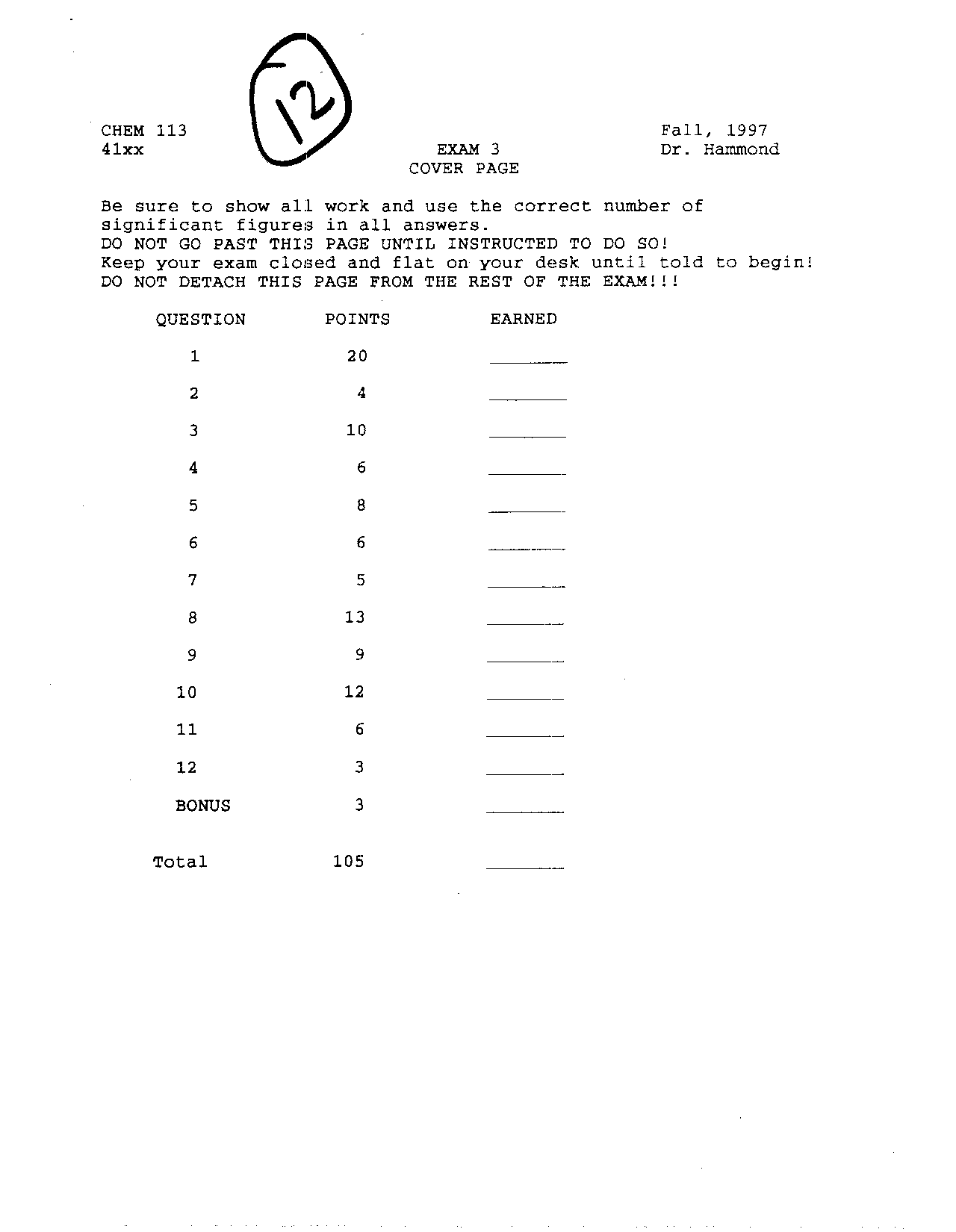 General Chemistry Laboratory for Engineers - Exam 3 | CHEM 113 - Docsity