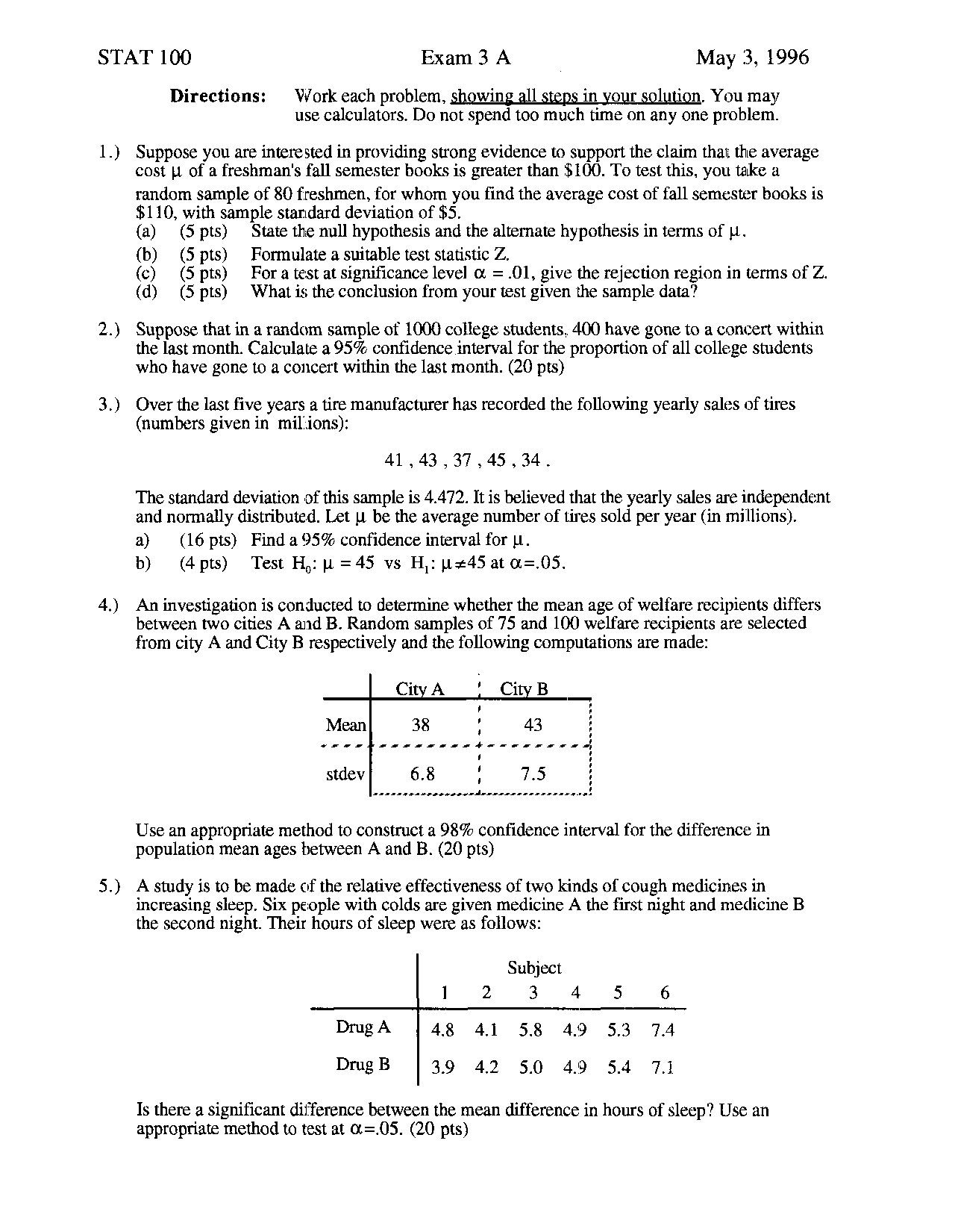 Exam 3A Questions - Elementary Statistics and Probability | STAT 100 ...