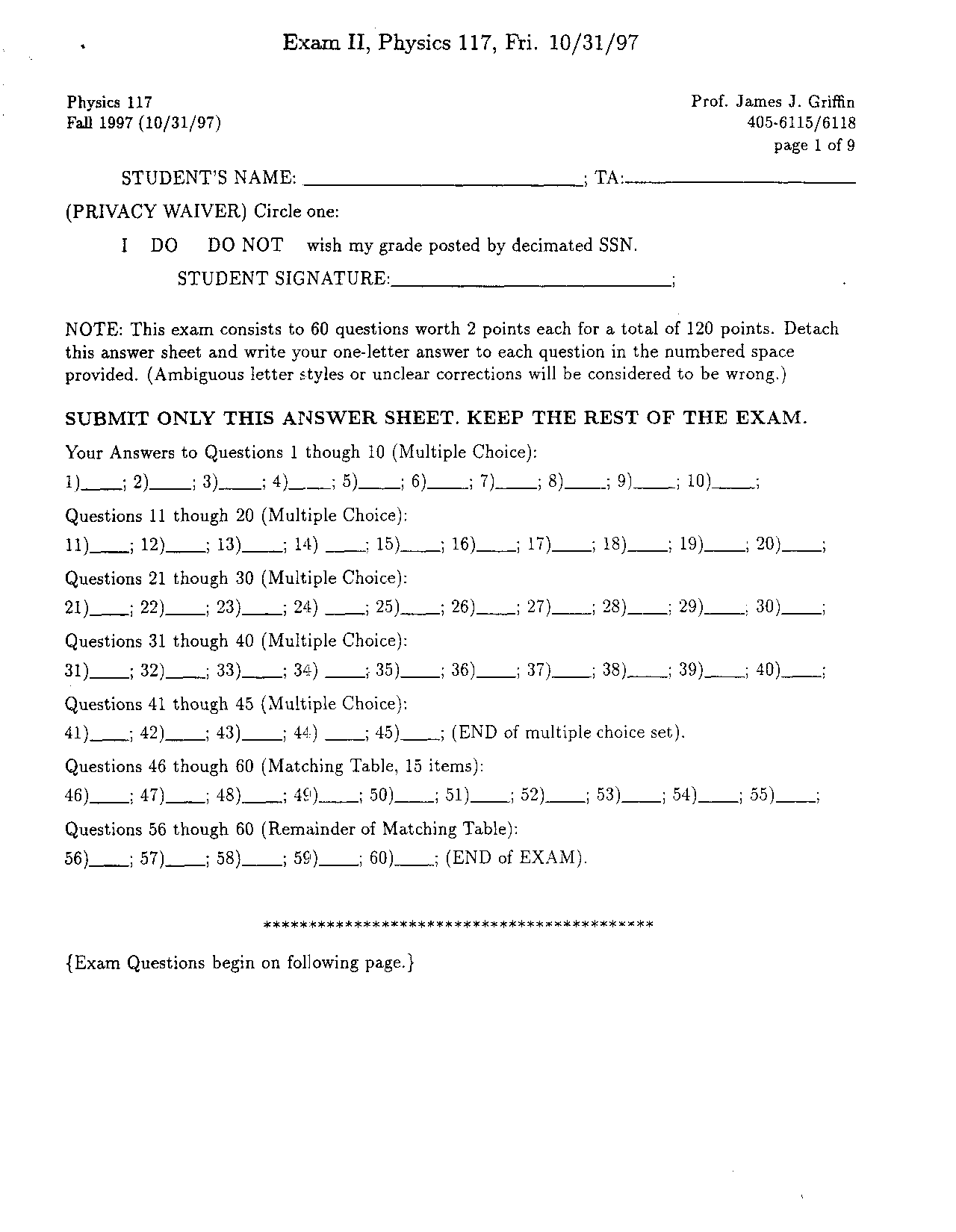 Sample Exam 2 Introduction To Physics Phys 117 Docsity