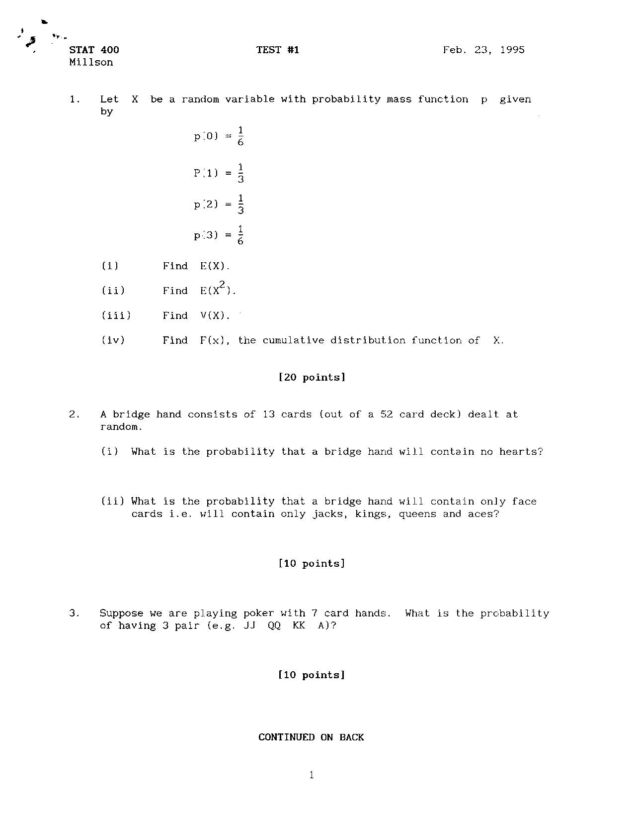 Test 1 Questions For Applied Probability And Statistics I Stat 400 Docsity