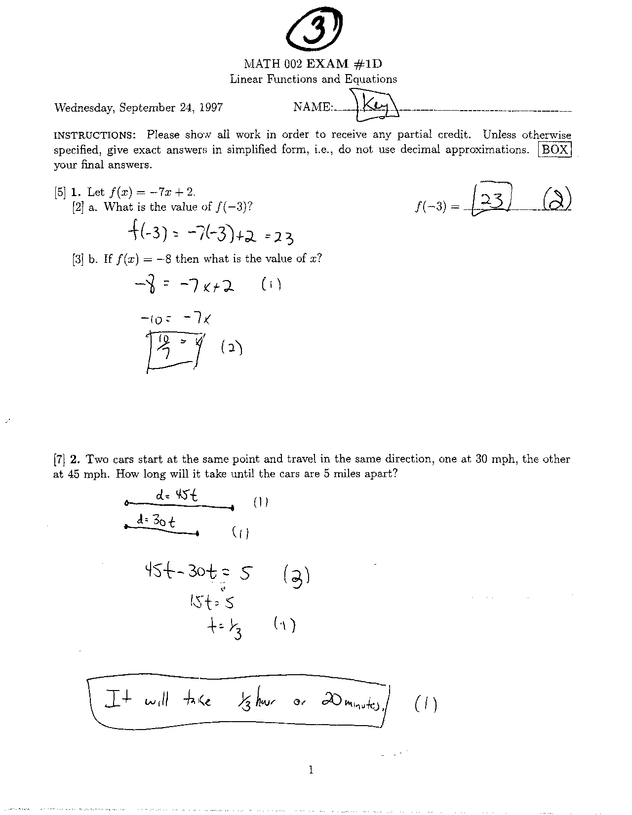 Test 1 Questions on Linear Functions and Equations with Answers | MATH ...