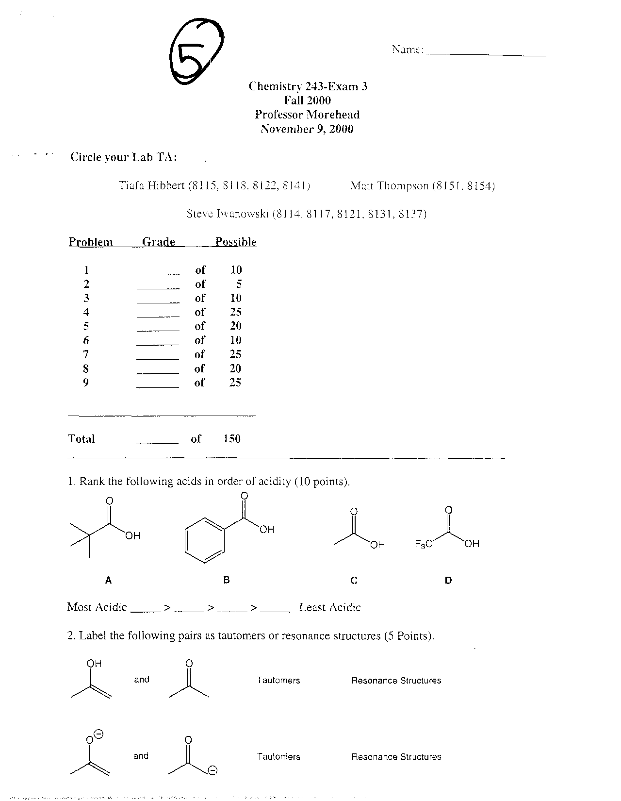 Exam 3 with Questions - Organic Chemistry II - 2000 | CHEM 241 - Docsity