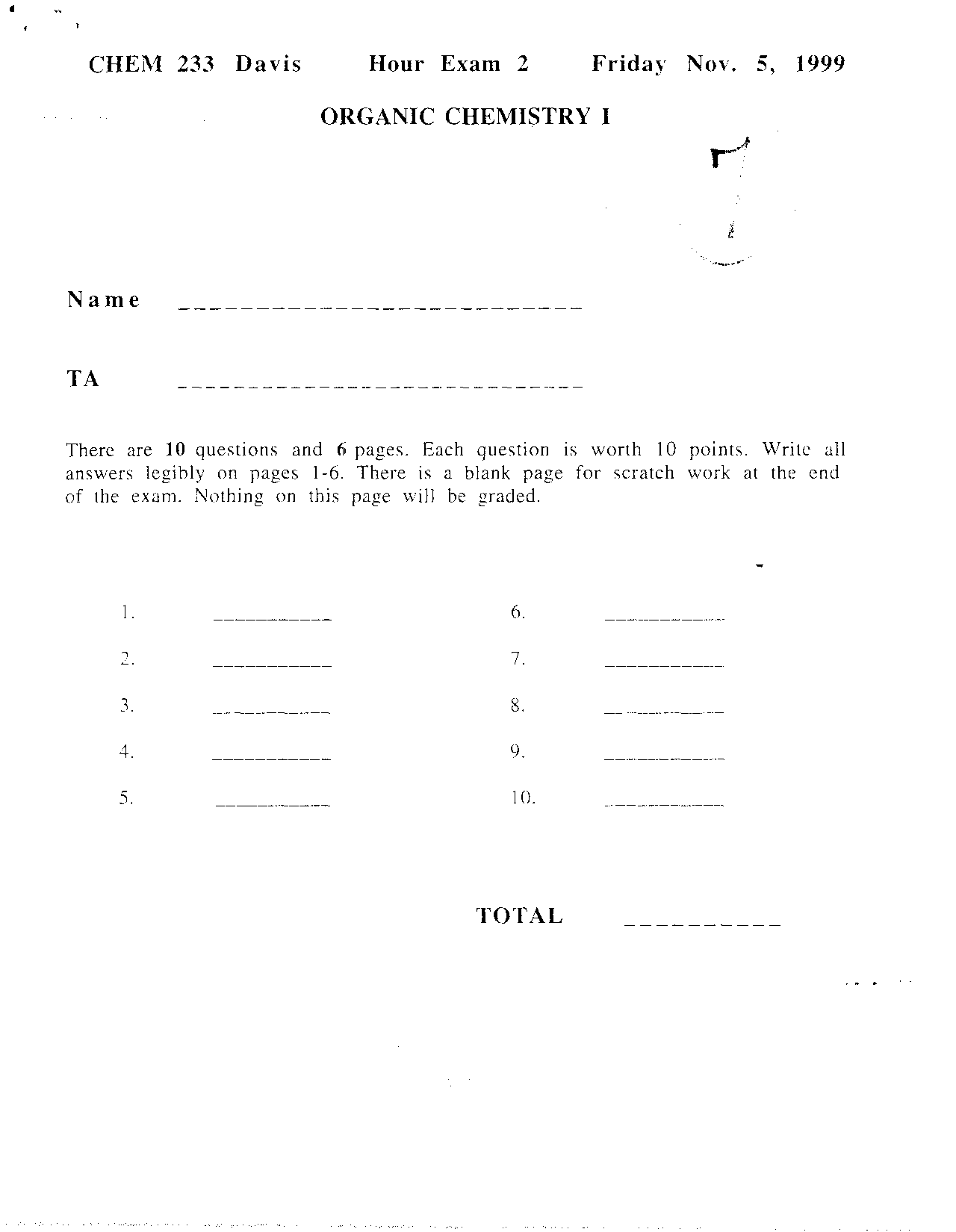 11 Questions in Exam 1 for Organic Chemistry I | CHEM 231 - Docsity