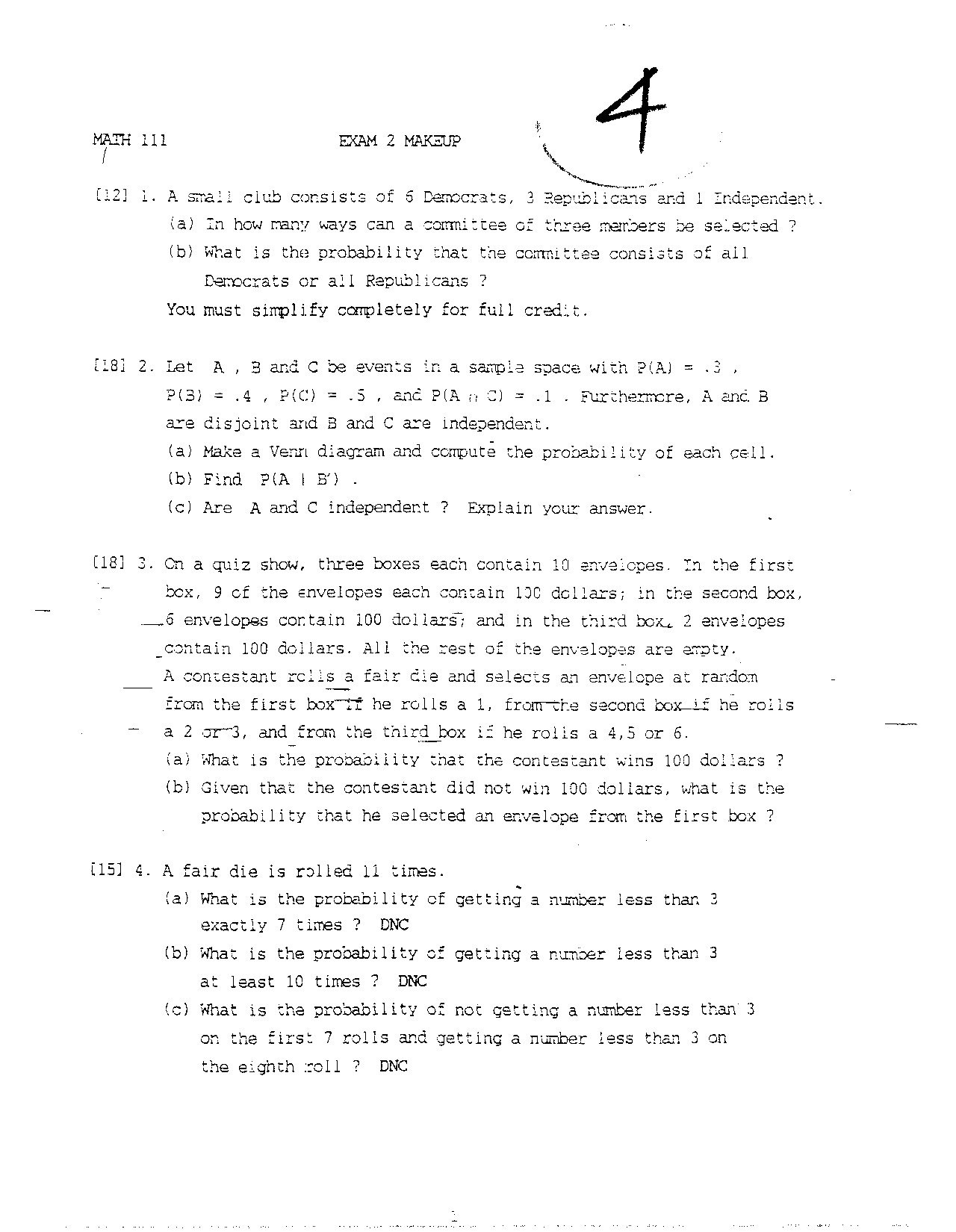 Exam 2 with Questions - Introduction to Probability | MATH 111 - Docsity