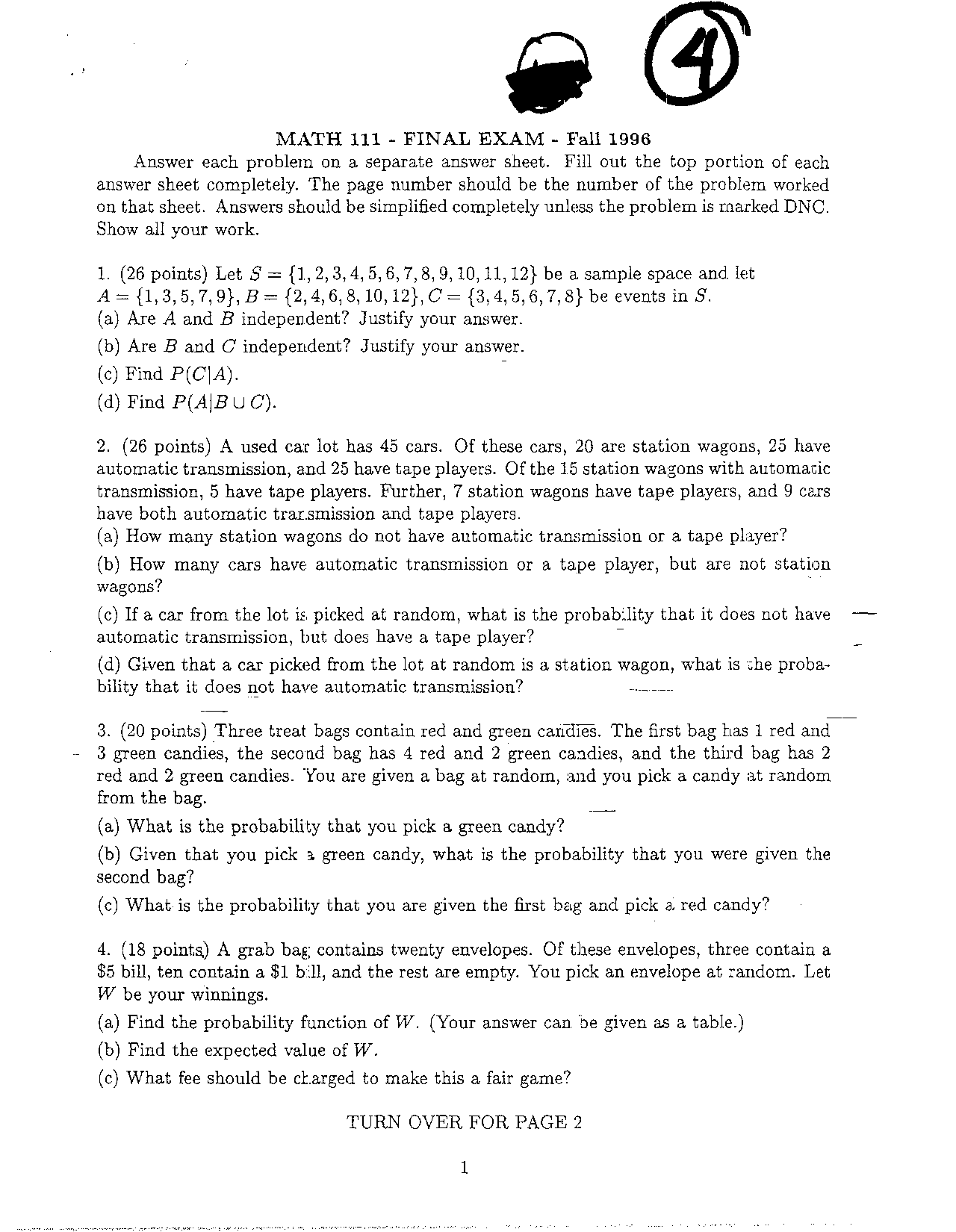 Final Exam with Solution - Introduction to Probability | MATH 111 - Docsity
