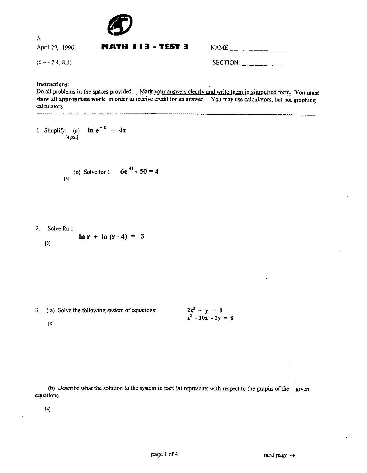 MATH I I Test 3: April 29, 19% - Mathematics Problem Solving | Exams ...