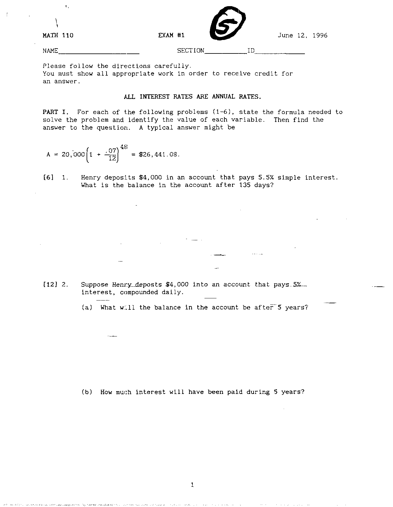 Exam 1 - Elemental Math Models | MATH 110 - Docsity