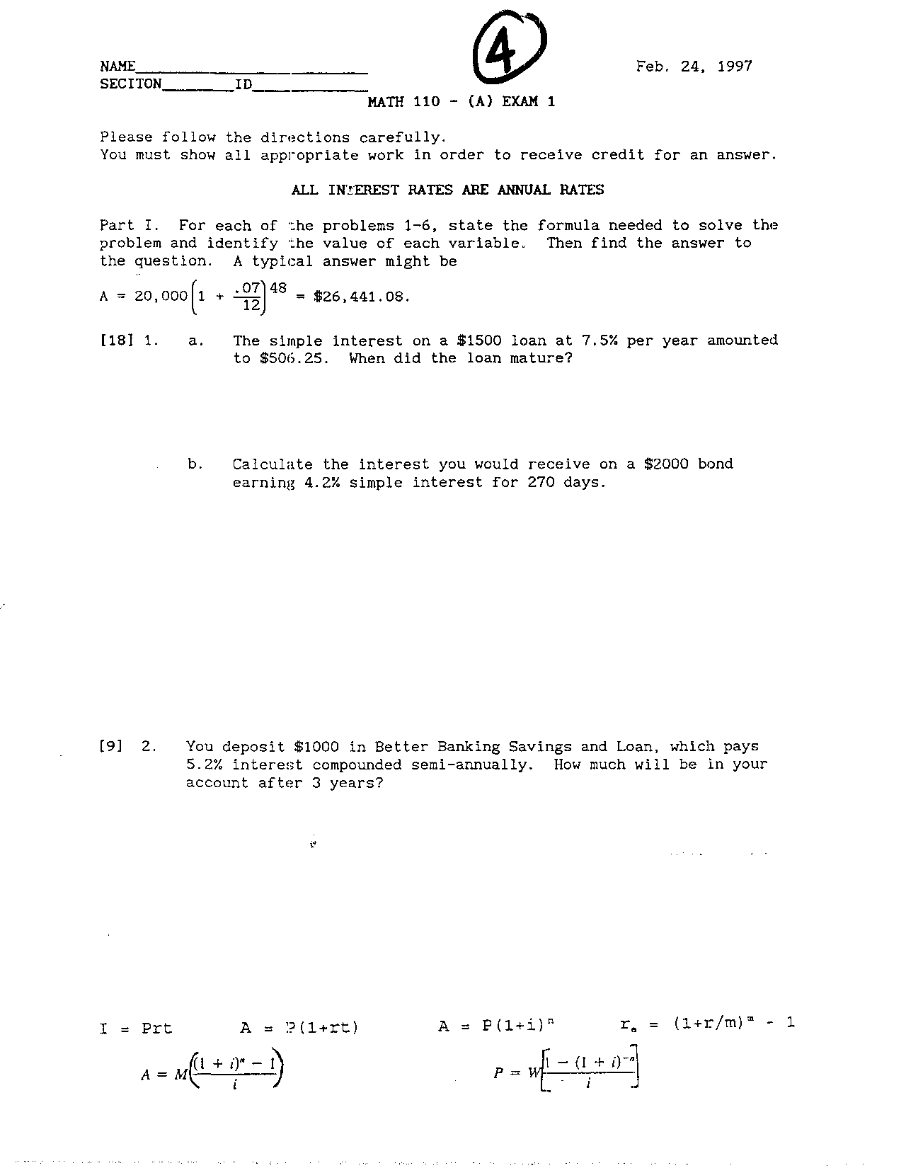 Exam 1 with Unsolved Problems - Elementary Mathematical Models | MATH ...