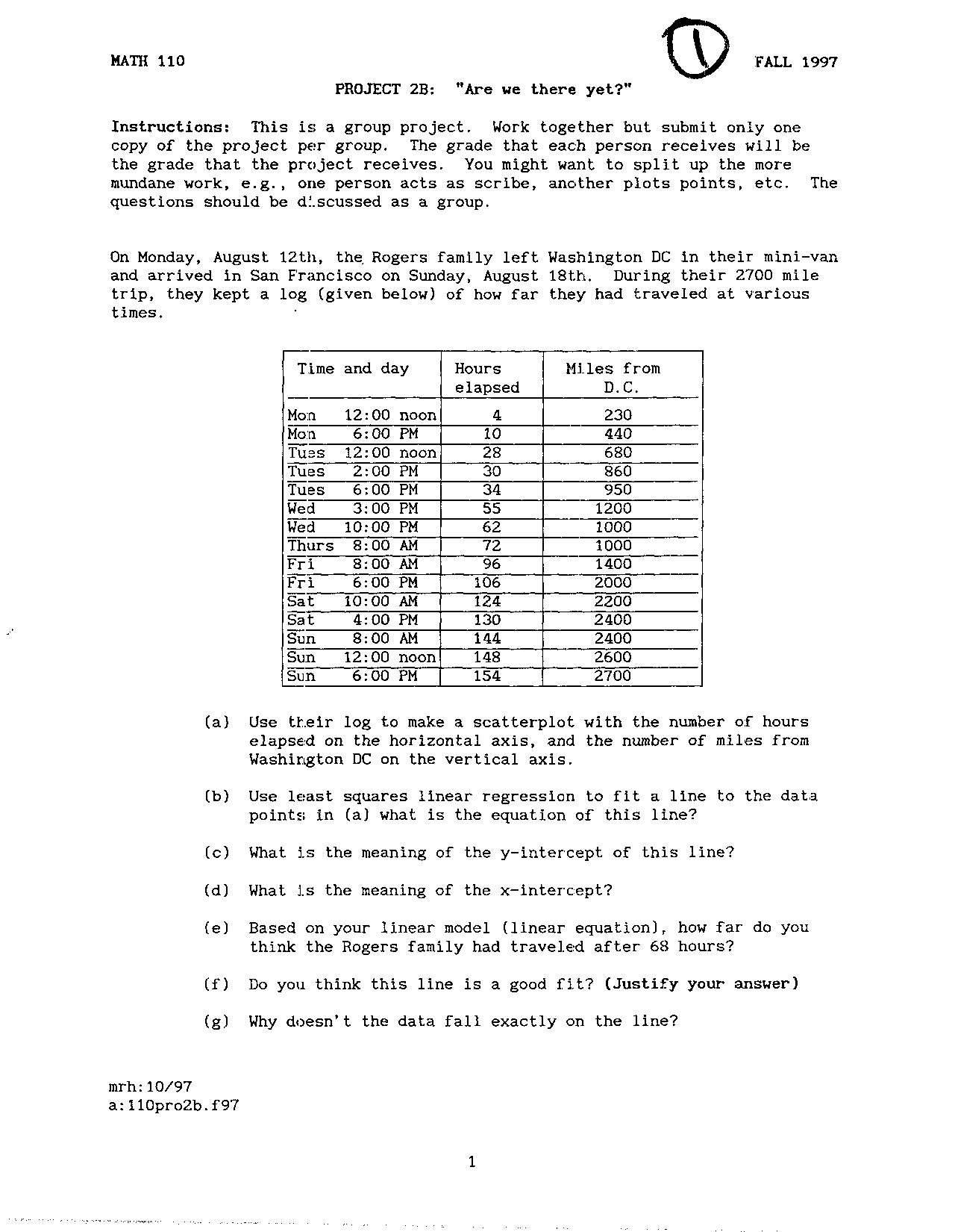 Problem on the Elementary Math Models - Project 2 | MATH 110 - Docsity