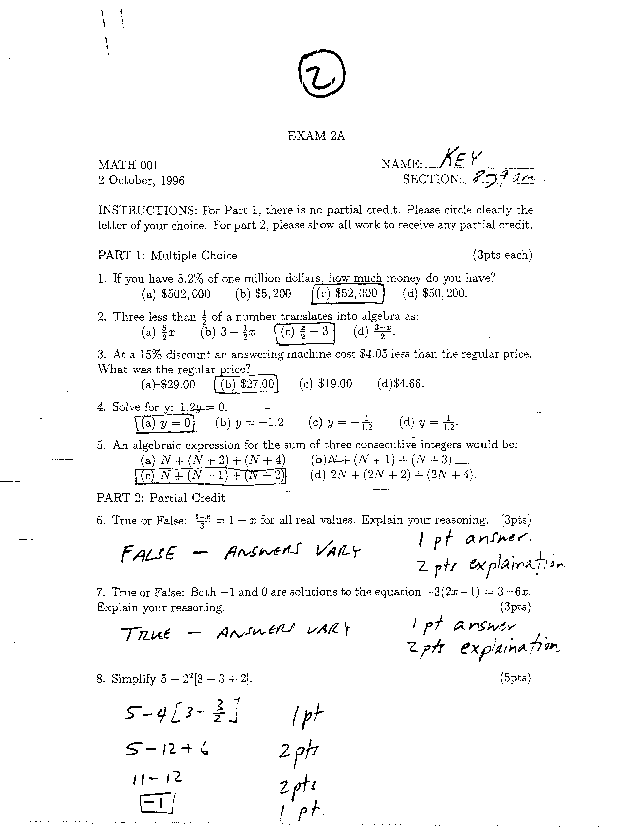 Exam 2A with Answer Key - Mathematical | MATH 001 - Docsity