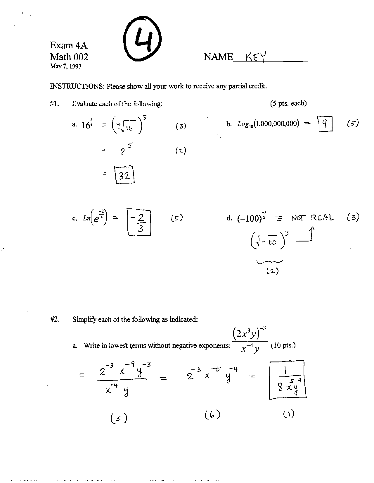 Exam 4A with Answer Key - Developmental Mathematics | MATH 003 - Docsity