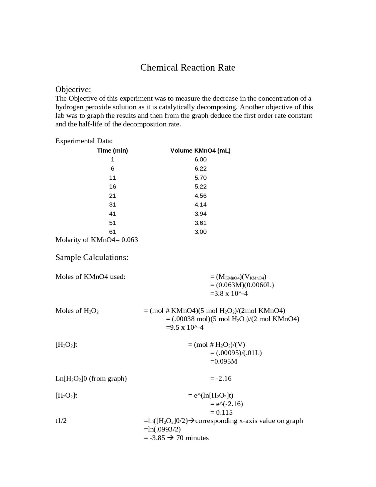 Measurement of the decrease in the concentration of a hydrogen peroxide ...