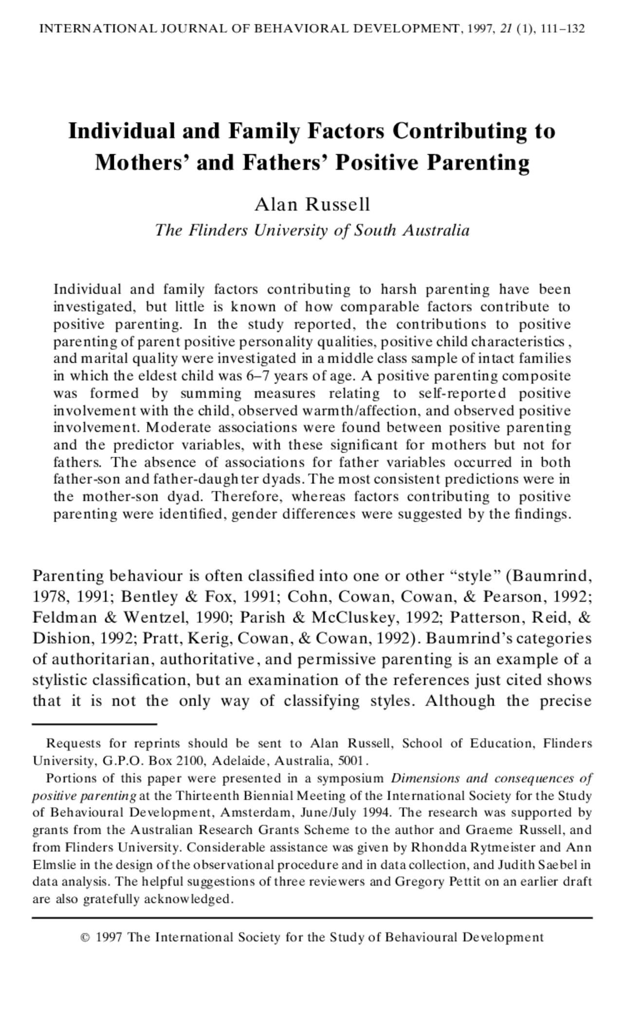 Individual and Family Factors Contributing to Mothers and Fathers ...