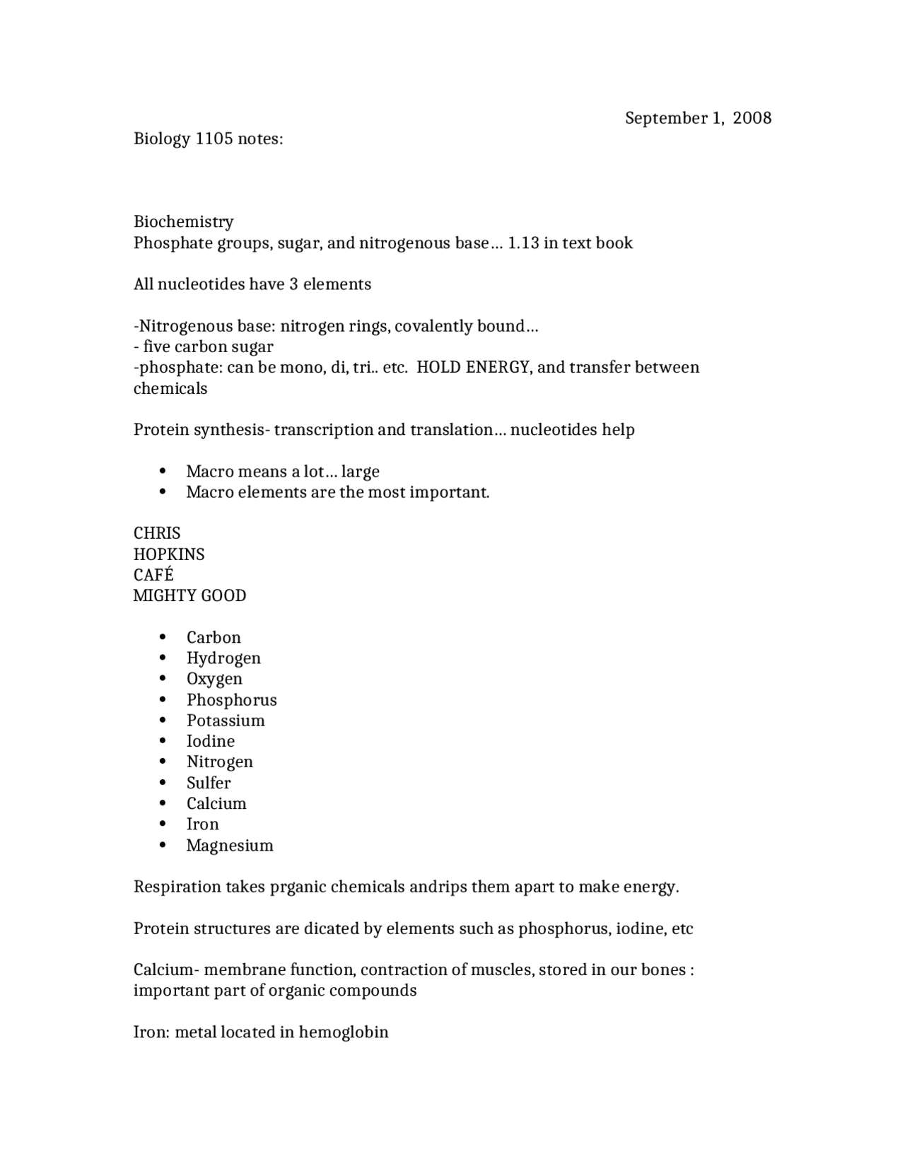 Class Notes for Biochemistry - Principles of Biology | BIOL 1105 - Docsity