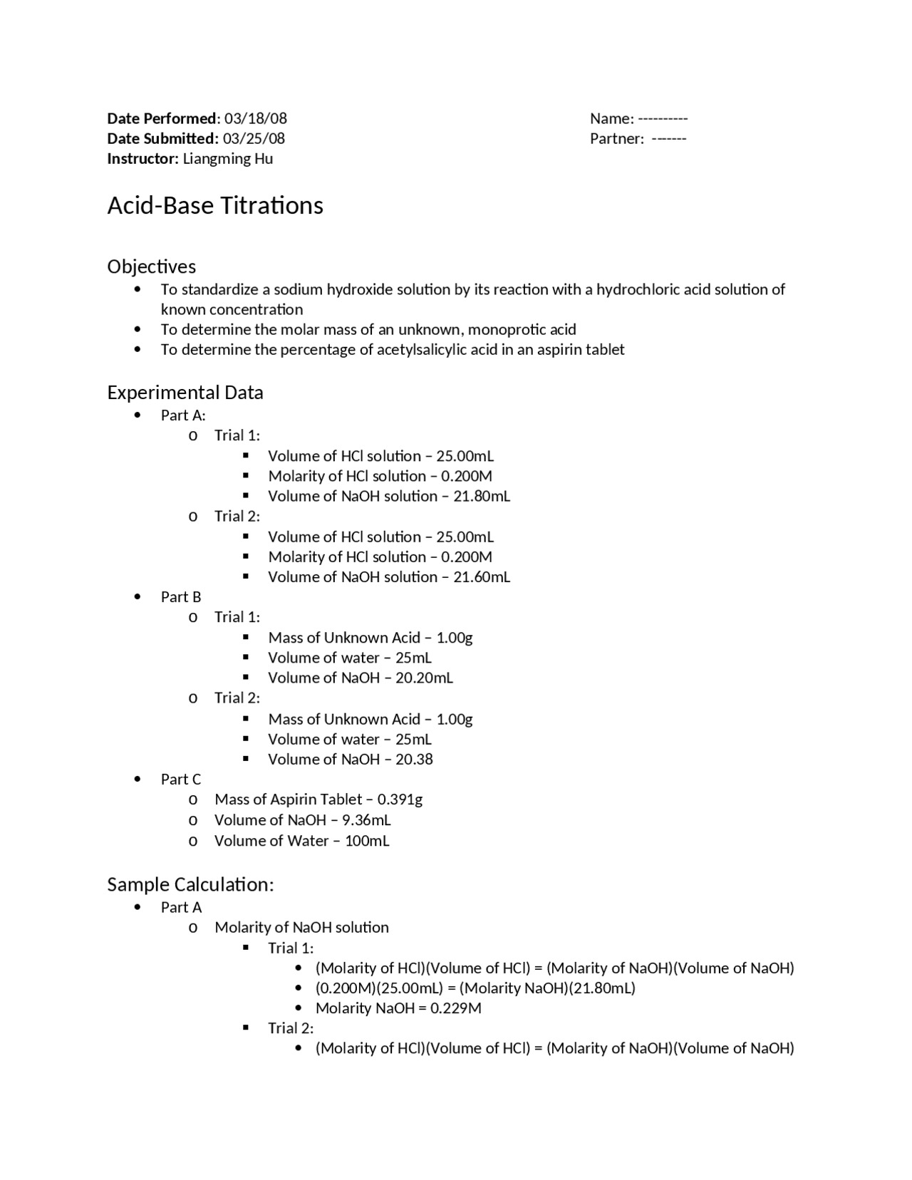 AcidBase Titration General Chemistry Lab 2008 CHEM 1045 Docsity