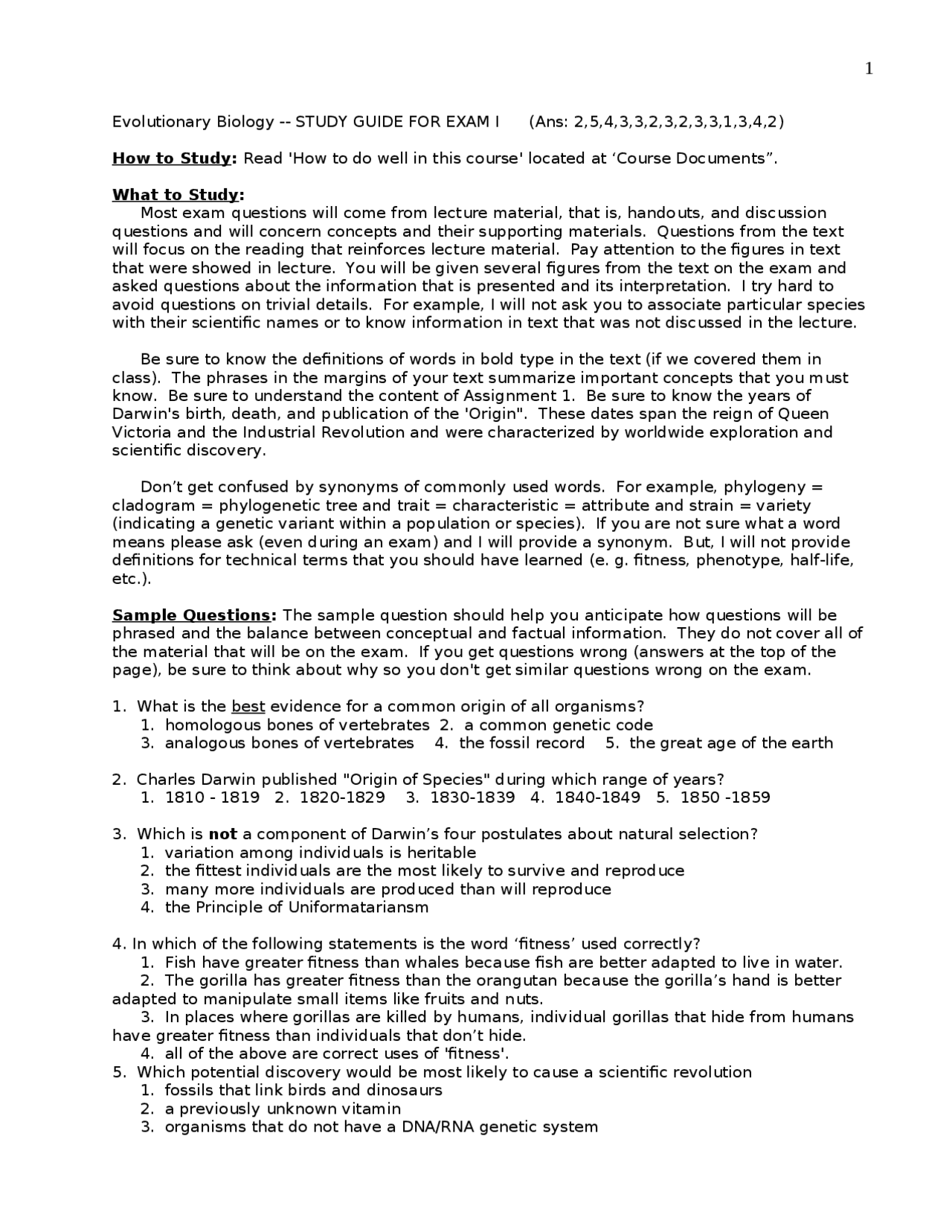 Study Guide for Exam 1 | Evolutionary Biology | BIOL 2704 - Docsity