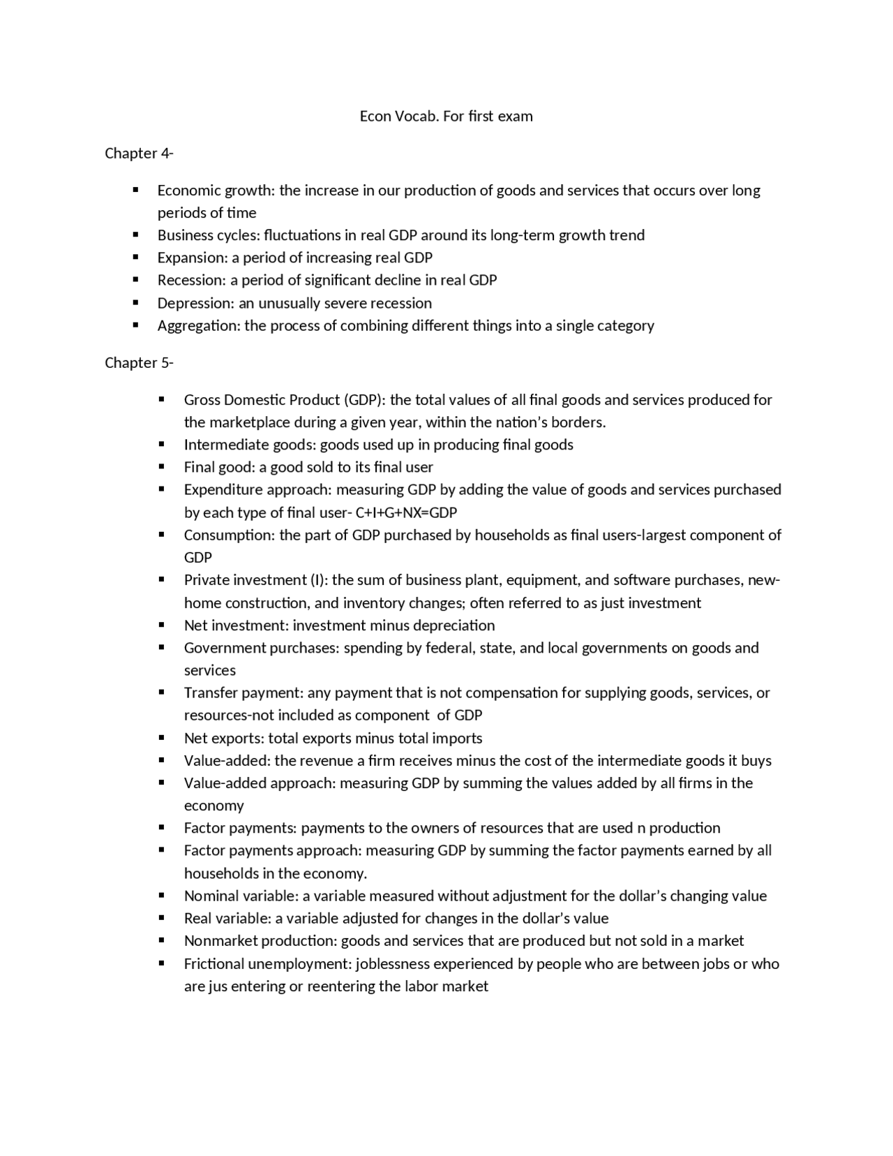 Principles of Economics - First Exam Vocabulary | ECON 2006 - Docsity