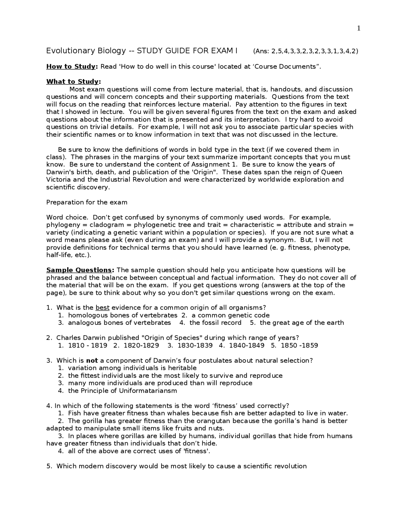 Study Guide Exam 1 - Evolutionary Biology | BIOL 2704 - Docsity