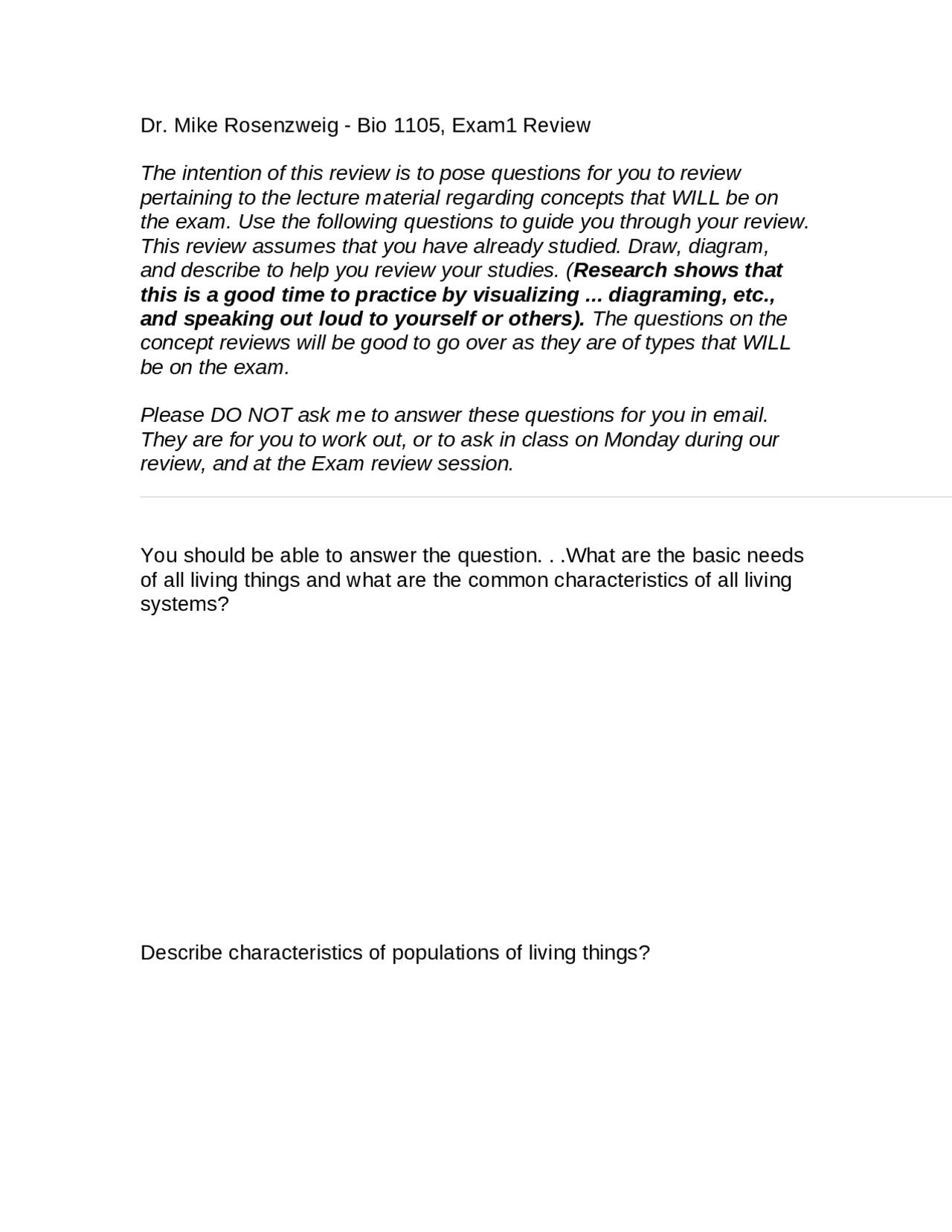 Study Guide for Exam 1 - Principles of Biology | BIOL 1105 | Study ...