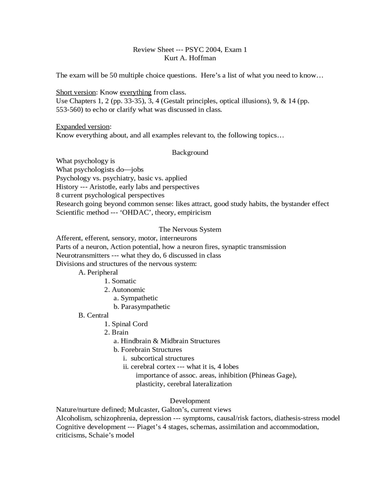 Review Sheet for Exam 1 - Introductory Psychology | PSYC 2004 - Docsity