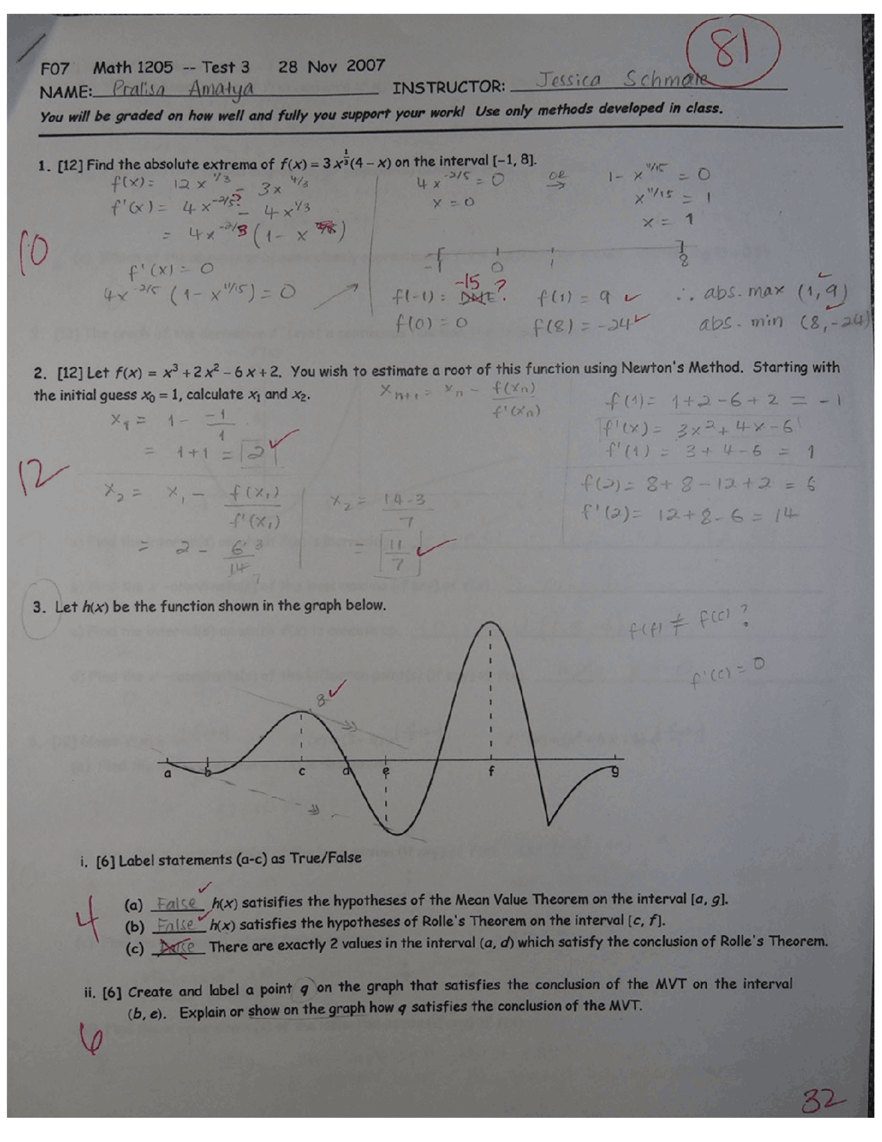 8 Questions with Answer Key - Test 3 | MATH 1205 | Exams Calculus | Docsity