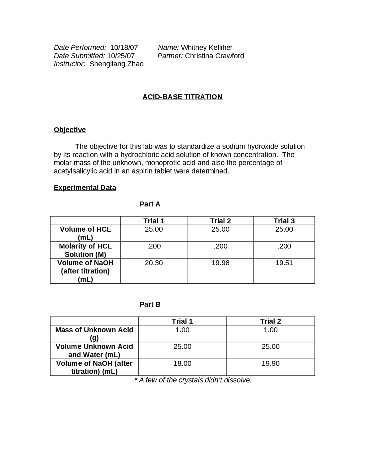 Acid-Base Titration - General Chemistry Lab 2007 | CHEM 1045 - Docsity