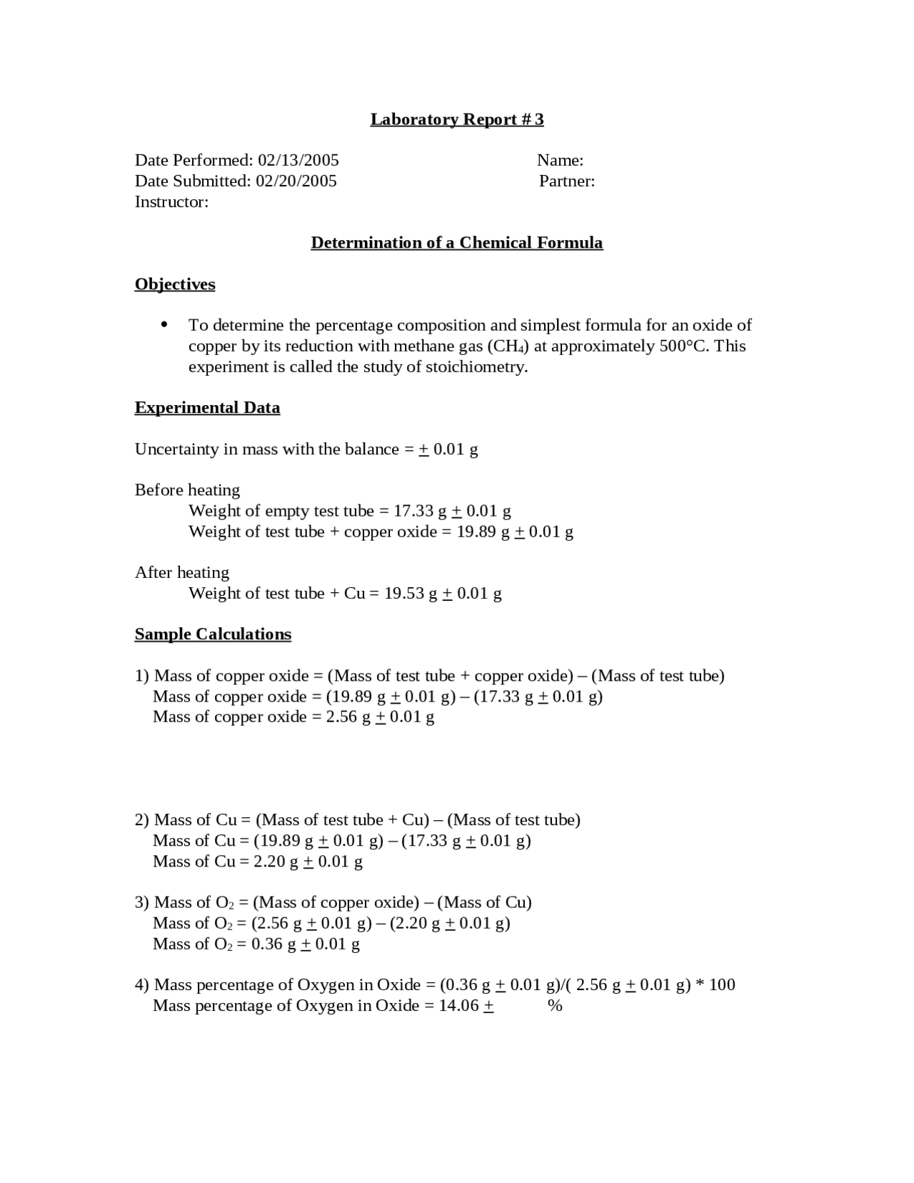 Formulation Lab Report.pdf Determination of a Chemical Formula - Laboratory Report 3 | CHEM 1045 ...