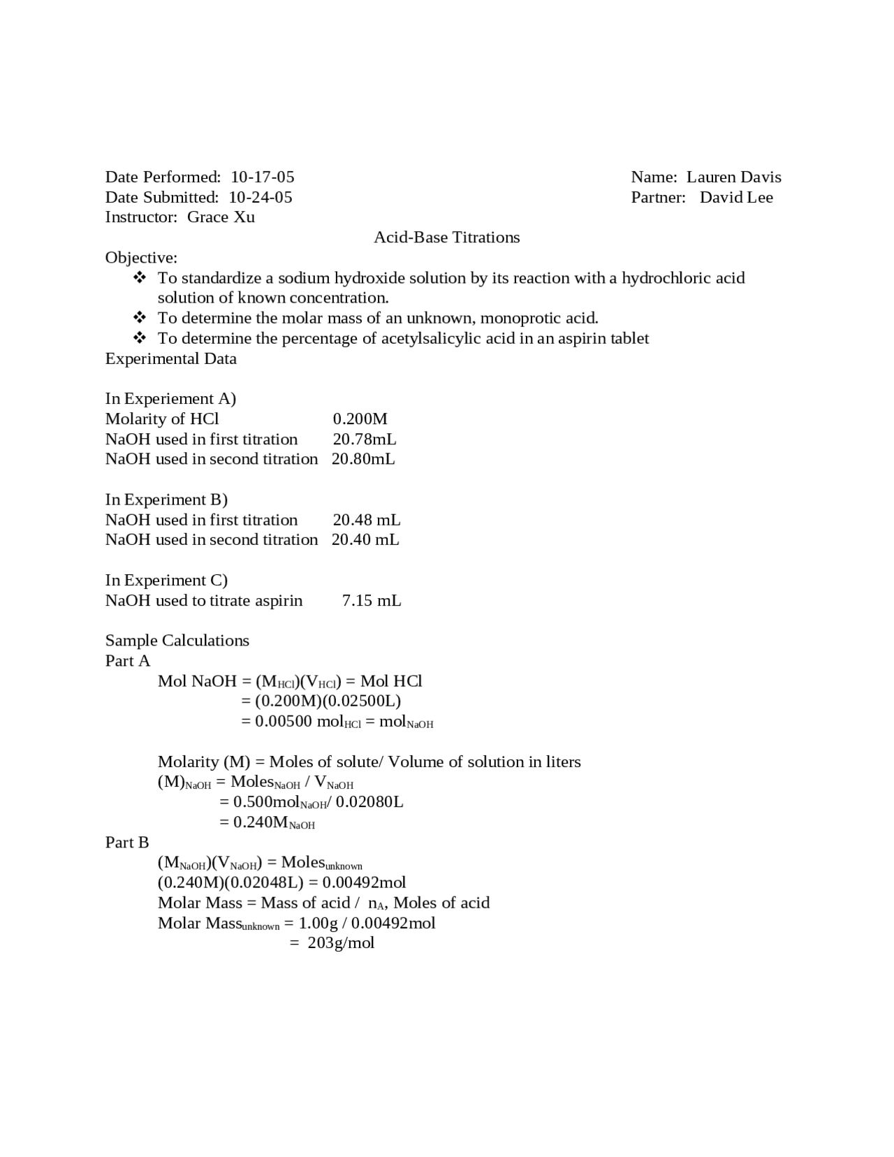 Acid Base Titration - General Chemistry Lab | CHEM 1046 - Docsity