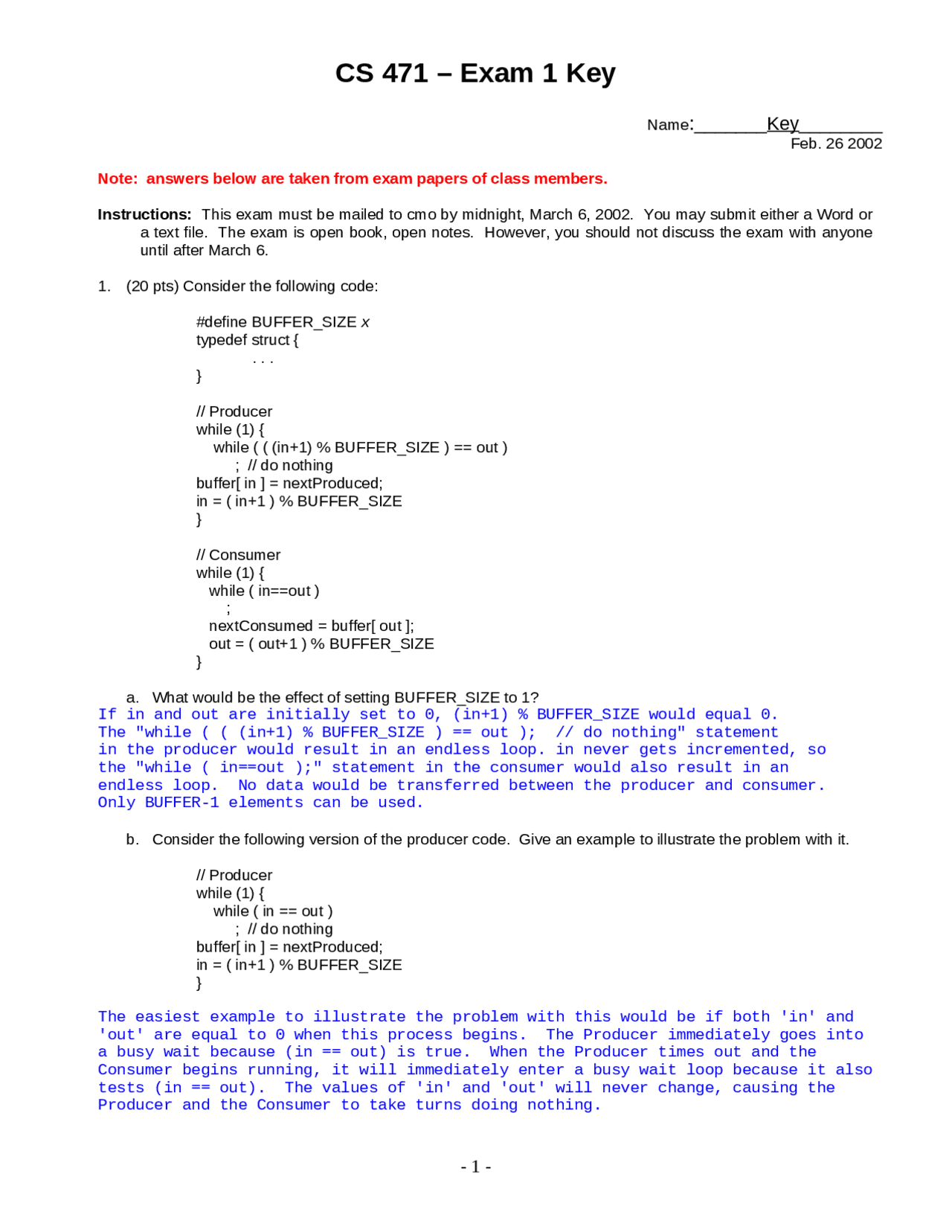 Practice Exam 1 with Answers - Operating Systems | CS 471 - Docsity