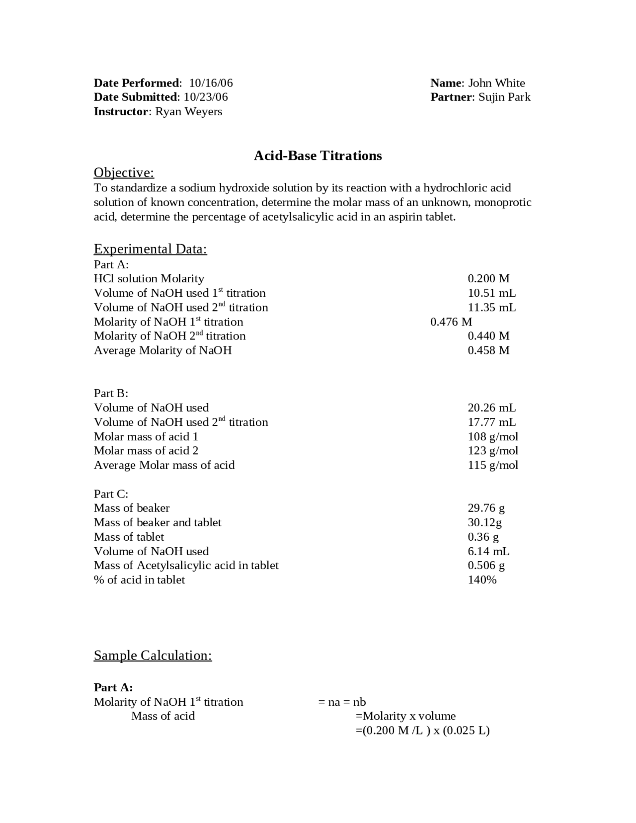 Acid Base Titration, Introduction to Chemistry Lab | CHEM 1025 - Docsity