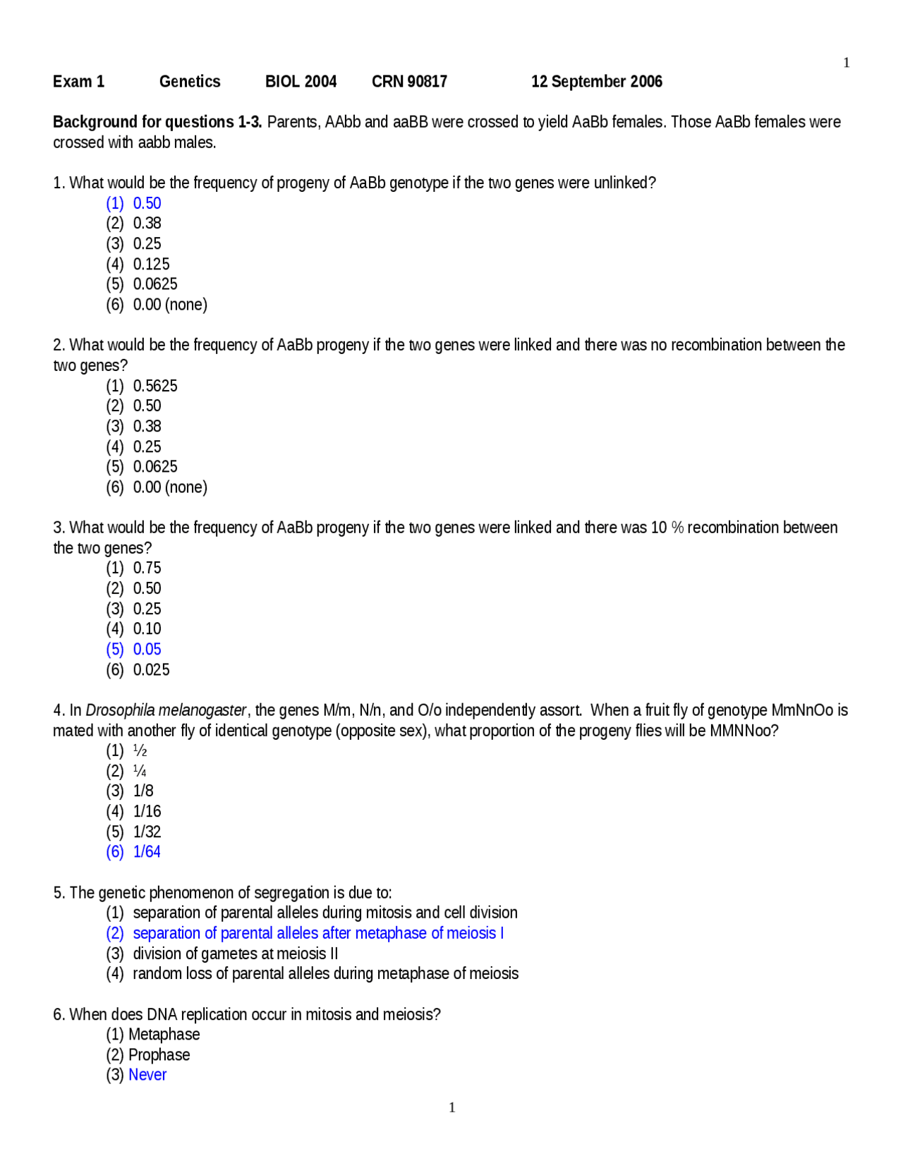 Genetics - Practice Exam 1 with Solution | BIOL 2004 | Exams Genetics ...