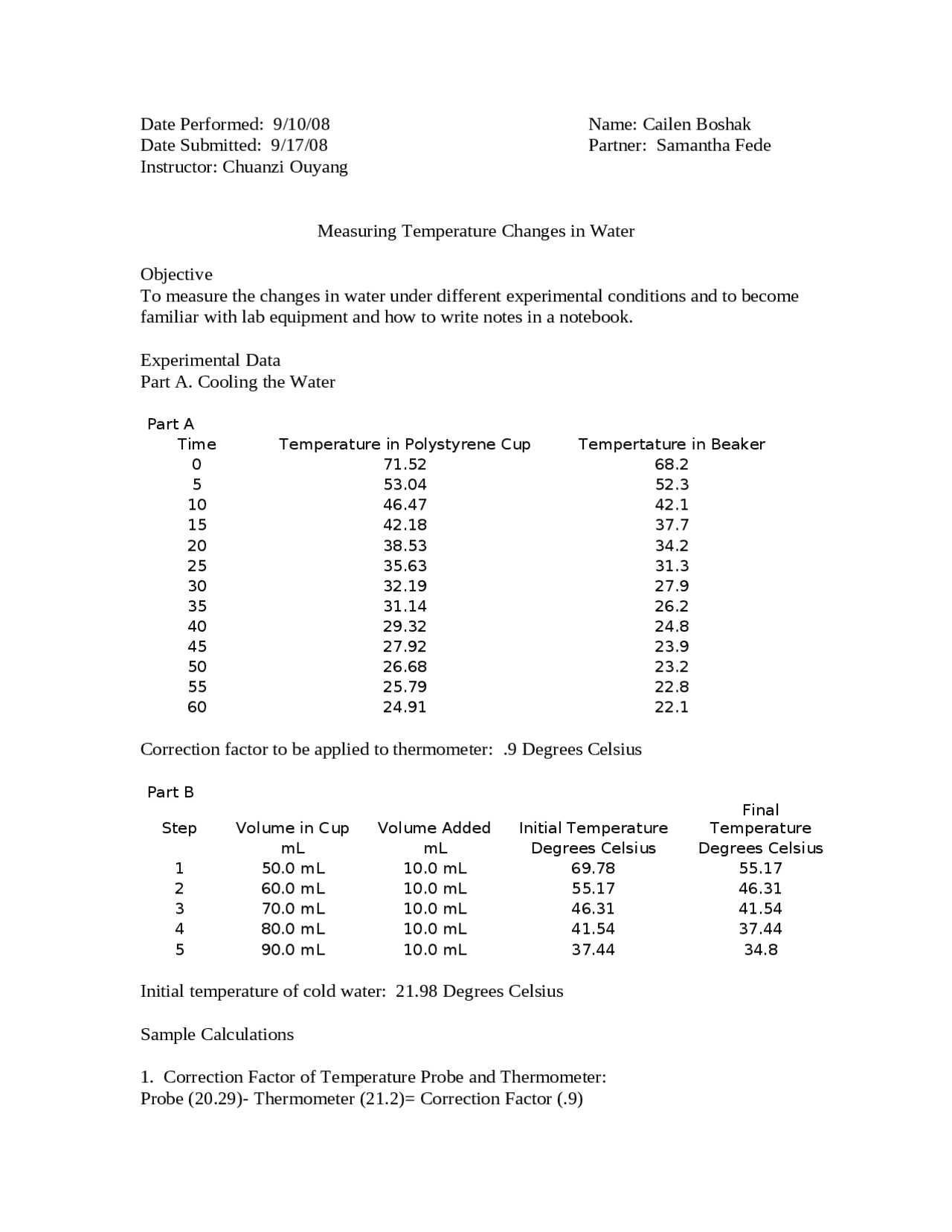 Measuring Temperature Changes in Water - Lab 1 | CHEM 1045 - Docsity