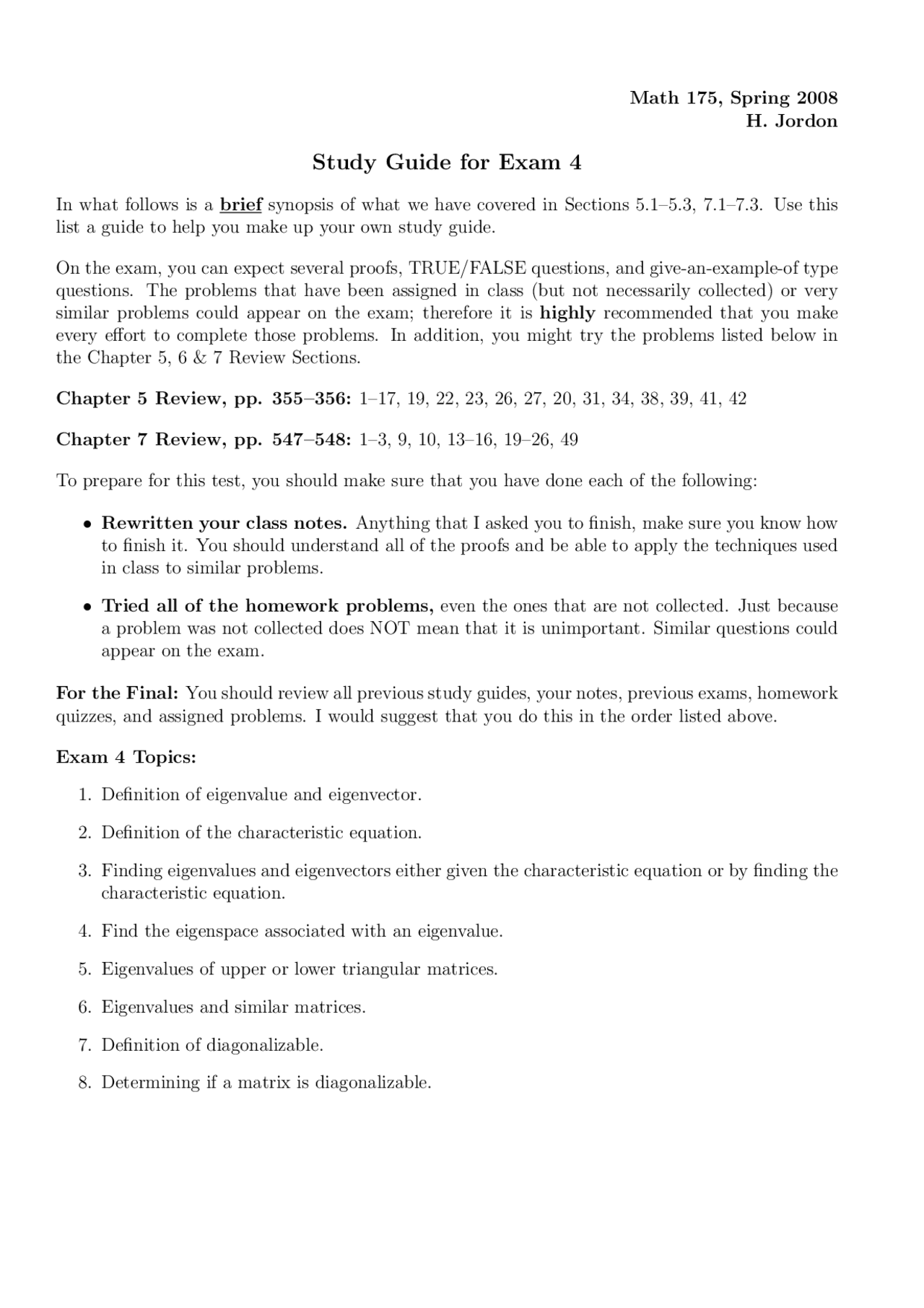 Study Guide on Elementary Linear Algebra for Test 2 | MAT 175.00 - Docsity