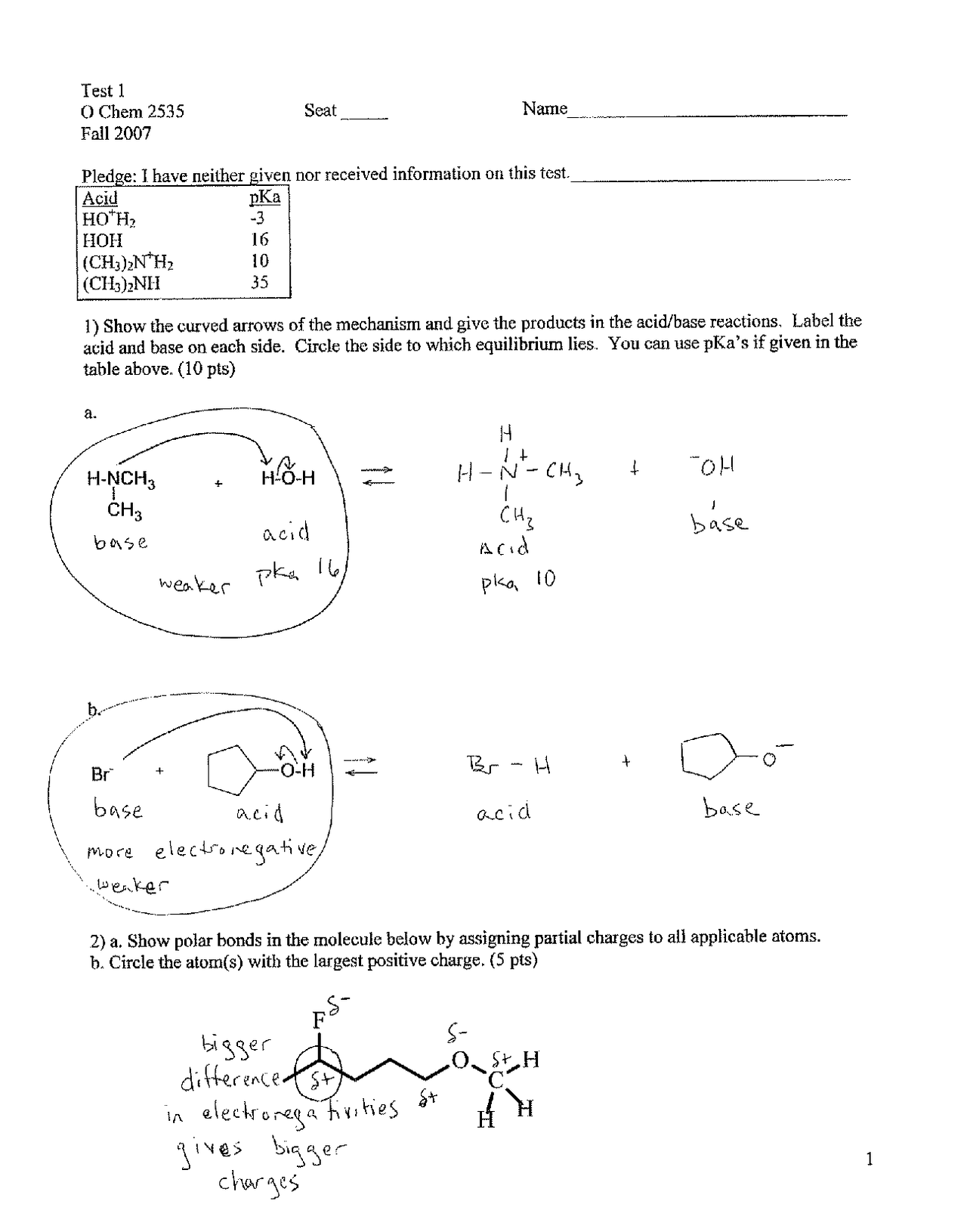 Test 1 Questions With Solutions Organic Chemistry Chem 2535 Docsity