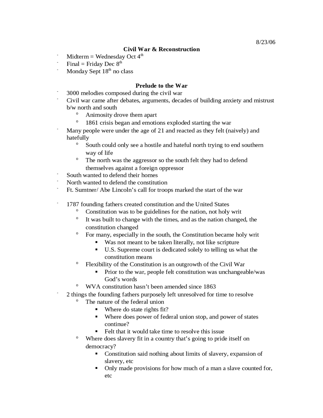 Study Guide for Civil War and Reconstruction | HIST 3055 - Docsity