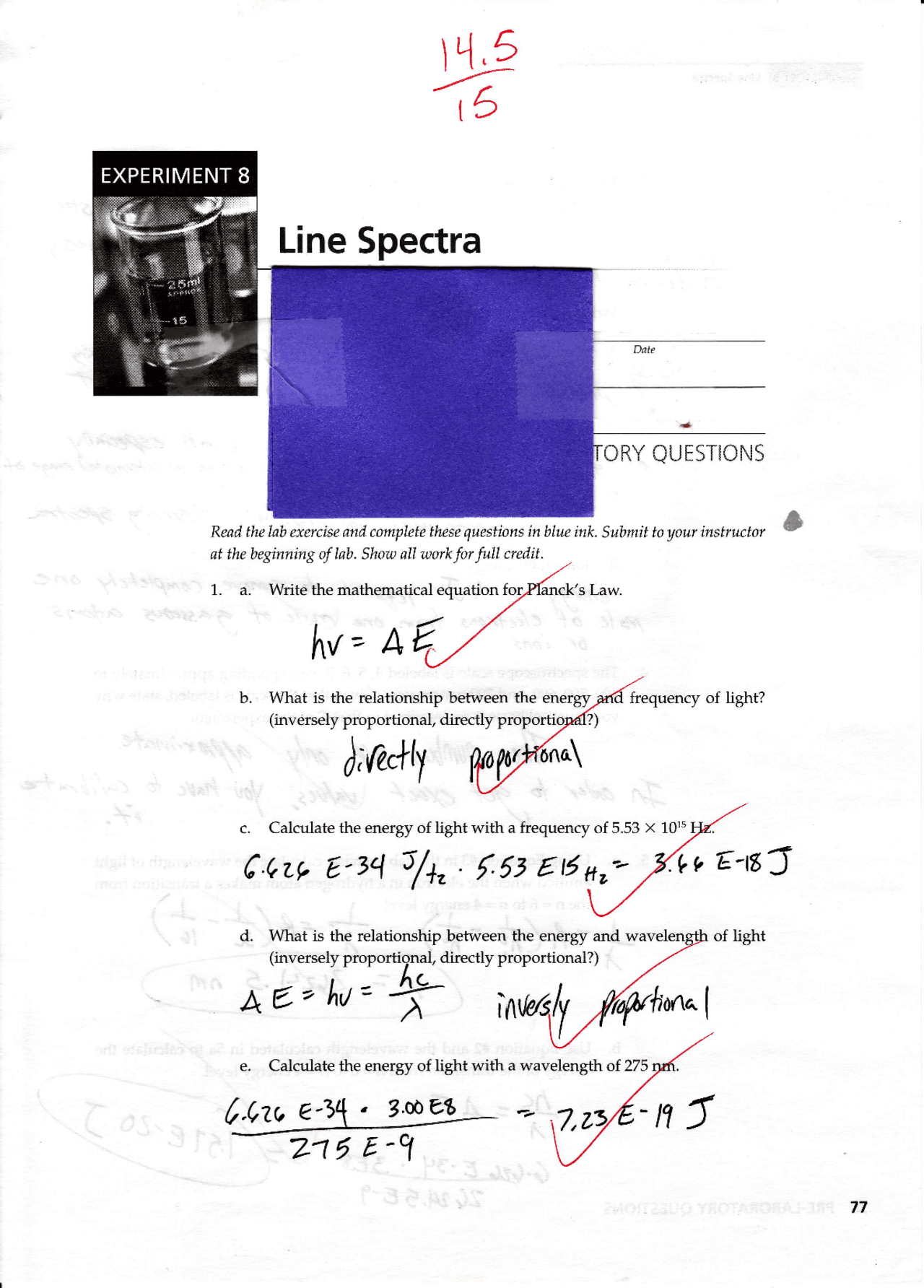 Line Spectra - Laboratory Experiment and Questions | CHEM 1025 - Docsity