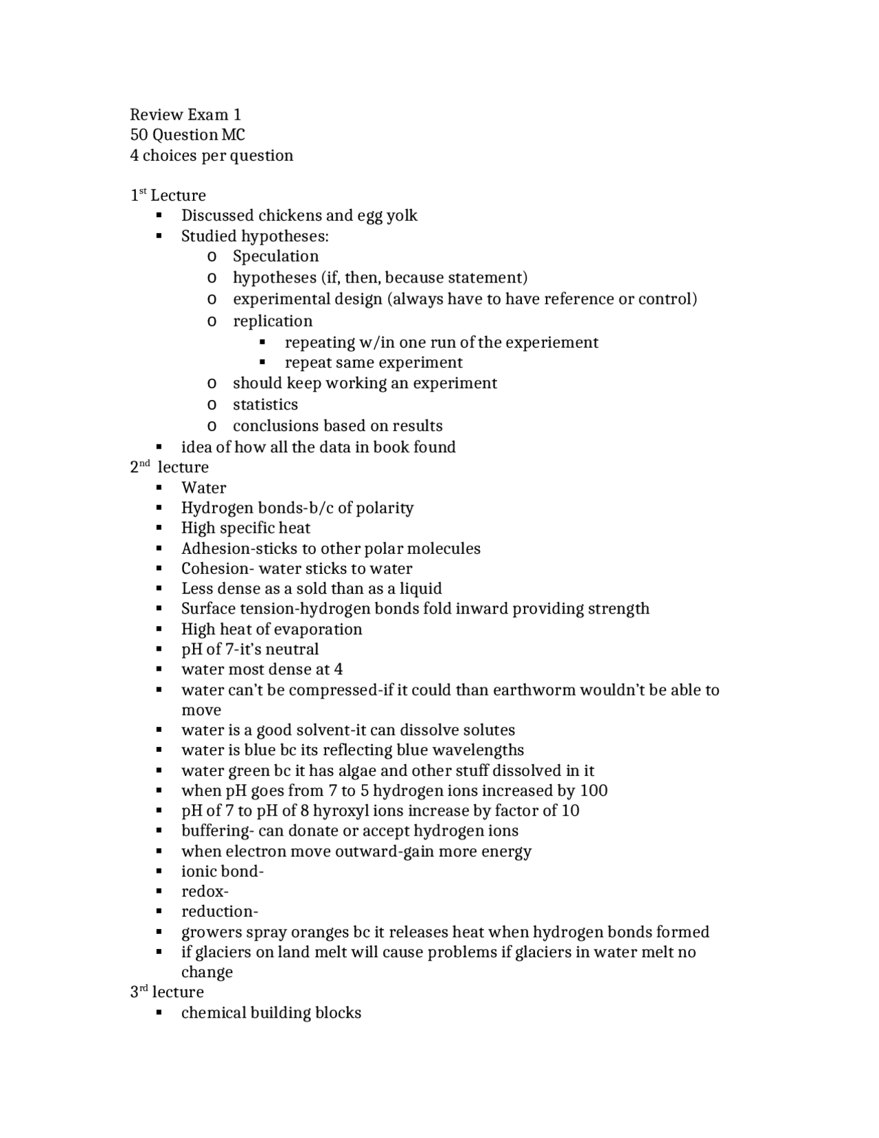 Review Notes for Exam - Principles of Biology | BIOL 1105 - Docsity