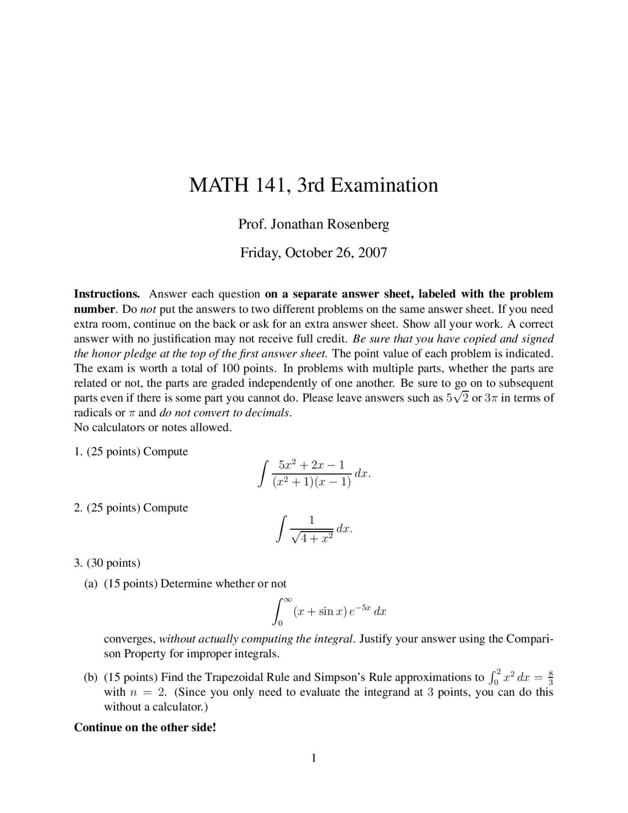 MATH 141 Examination: Integration Problems and Comparison of Solutions ...