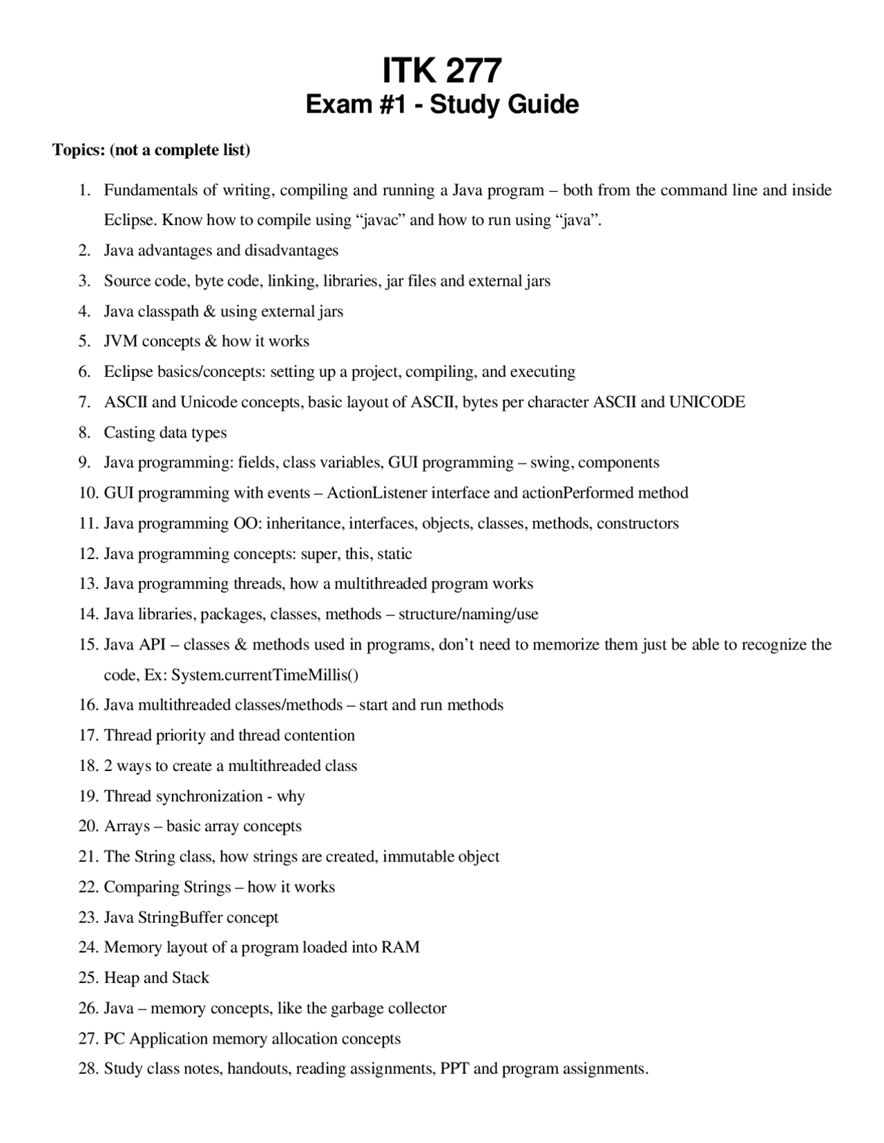 ITK 277 Exam 1 Study Guide: Java Programming Fundamentals and Advanced ...