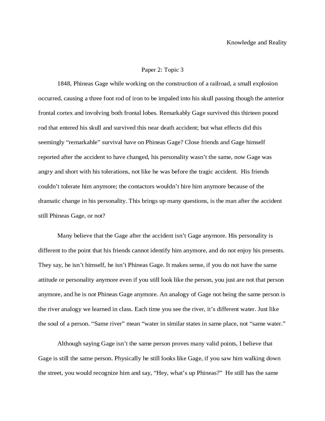 Paper on Phineas Gage Knowledge and Reality PHIL 1204 Docsity
